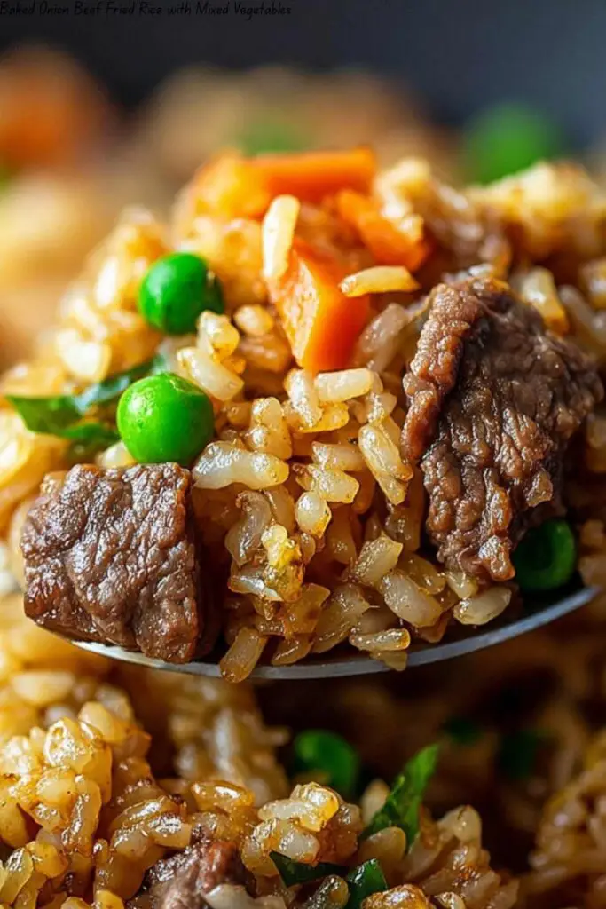 Baked Onion Beef Fried Rice with Mixed Vegetables