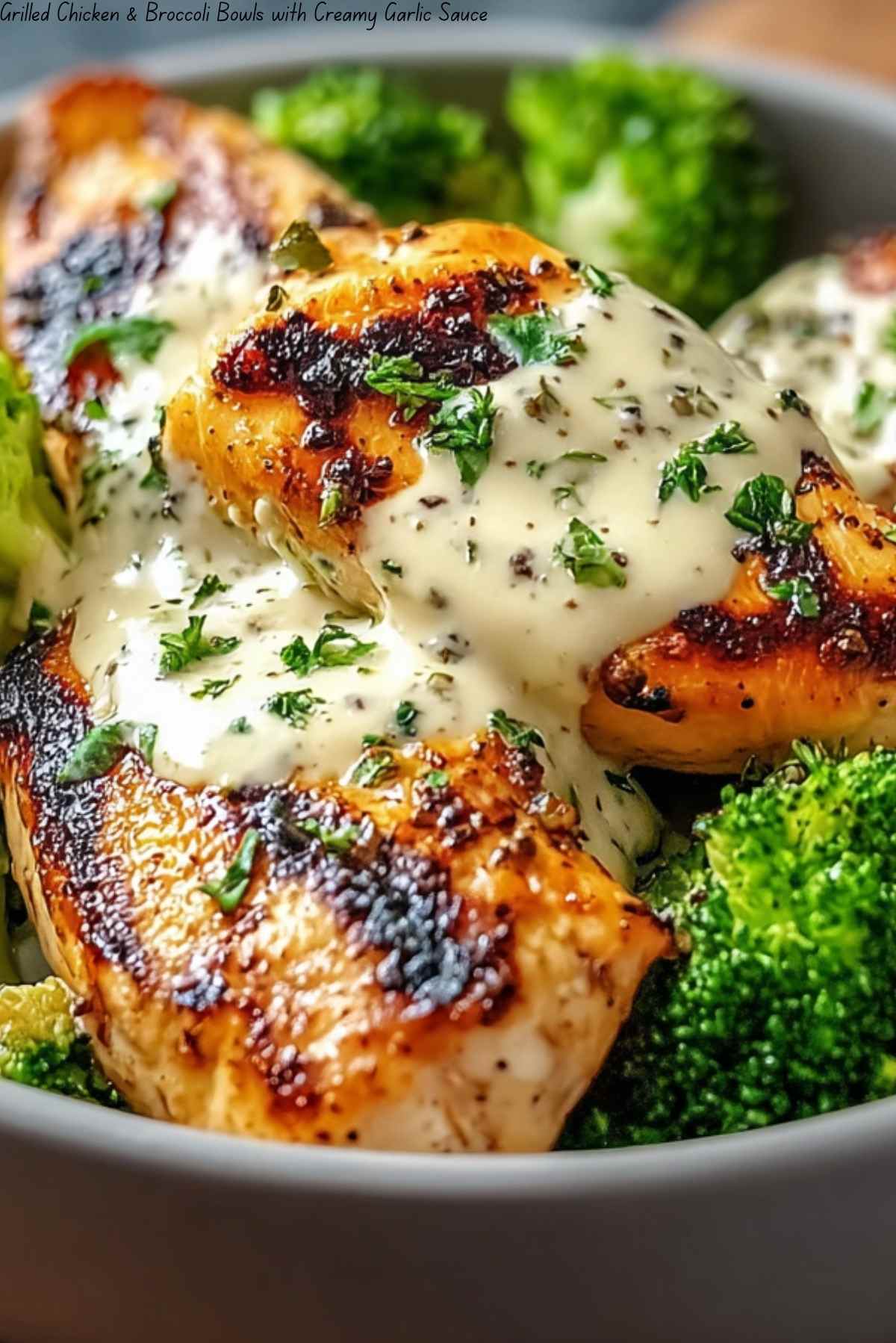 Grilled Chicken & Broccoli Bowls with Creamy Garlic Sauce