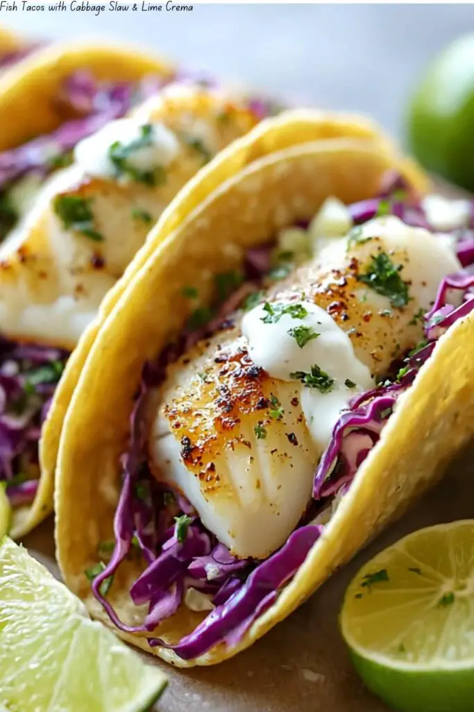 Fish Tacos with Cabbage Slaw & Lime Crema