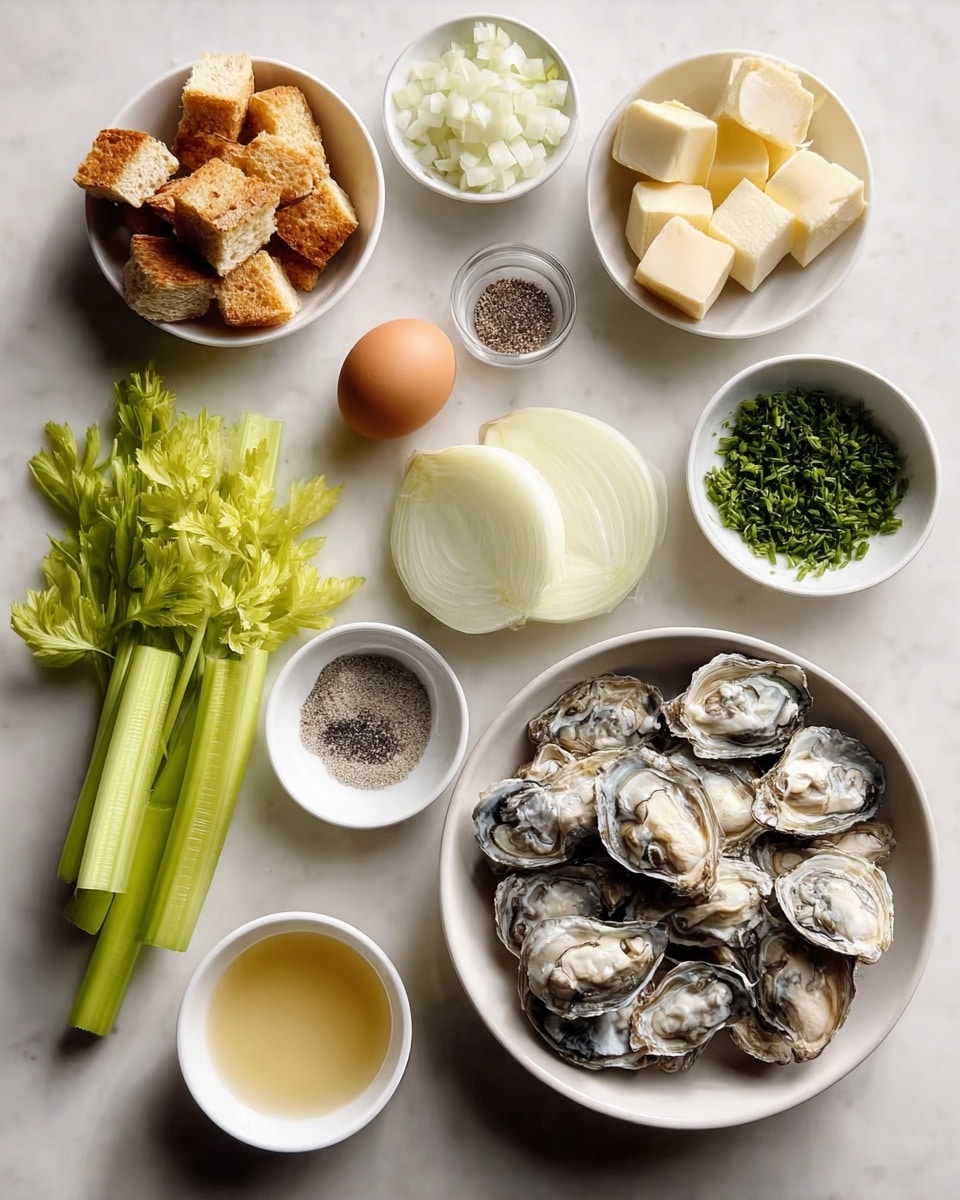 The image shows an overhead view of ingredients on a white marbled surface, arranged in white bowls and loose. At the bottom right, a large white bowl holds fresh shucked oysters with a mix of creamy white and gray-blue colors. Above it, a small white bowl contains bright green chopped herbs. Next to it, an uncracked brown egg sits on the surface beside a halved onion with pale yellow and white layers. Above the egg is a small white bowl filled with diced white onions. To the left of the oyster bowl, a small white bowl holds golden toasty bread cubes. Above that, another small white bowl has pale yellow butter cubes. On the left side, three celery stalks with light green stems and darker leafy tops lie loose. Two small white bowls filled with black pepper sit near the celery and onions. A small white bowl with a light yellow liquid, possibly broth, sits below the bread cubes. The whole setup is bright and clean, with soft natural light coming from the top left, showing clear textures. Photo taken with an iphone --ar 4:5 --v 7