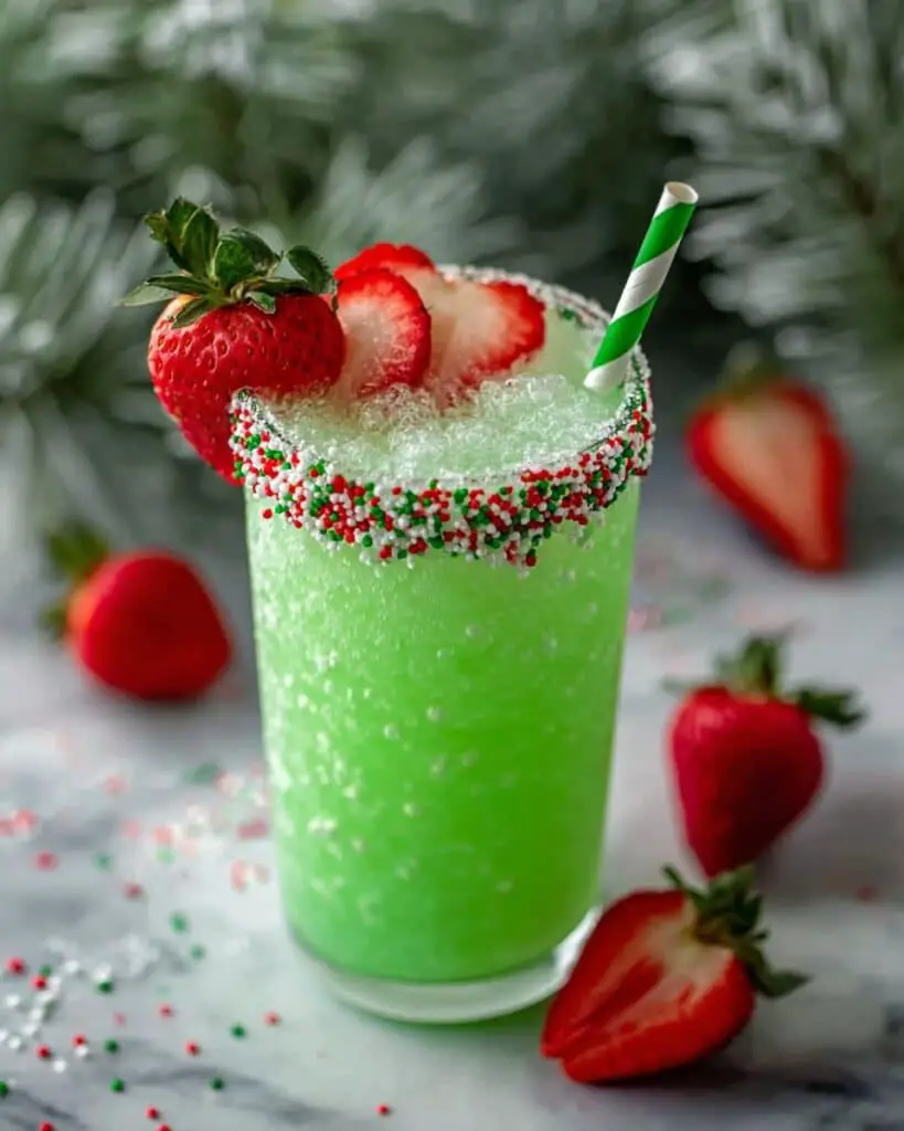 Grinch Punch with Green Hawaiian, Sherbet, and Strawberry Hearts Recipe