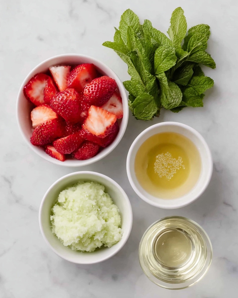 The image shows five items arranged on a white marbled surface. At the top left is a white bowl filled with cut strawberries that are bright red with some white inside parts. To the right of it is a small bunch of fresh green mint leaves with detailed texture. Below the bowl of strawberries is another white bowl filled with a pale green, soft, mashed mixture. To the right of this bowl is a white bowl filled with golden yellow liquid with tiny bubbles on its surface. At the bottom right is a small clear glass filled with a light, transparent liquid. photo taken with an iphone --ar 4:5 --v 7