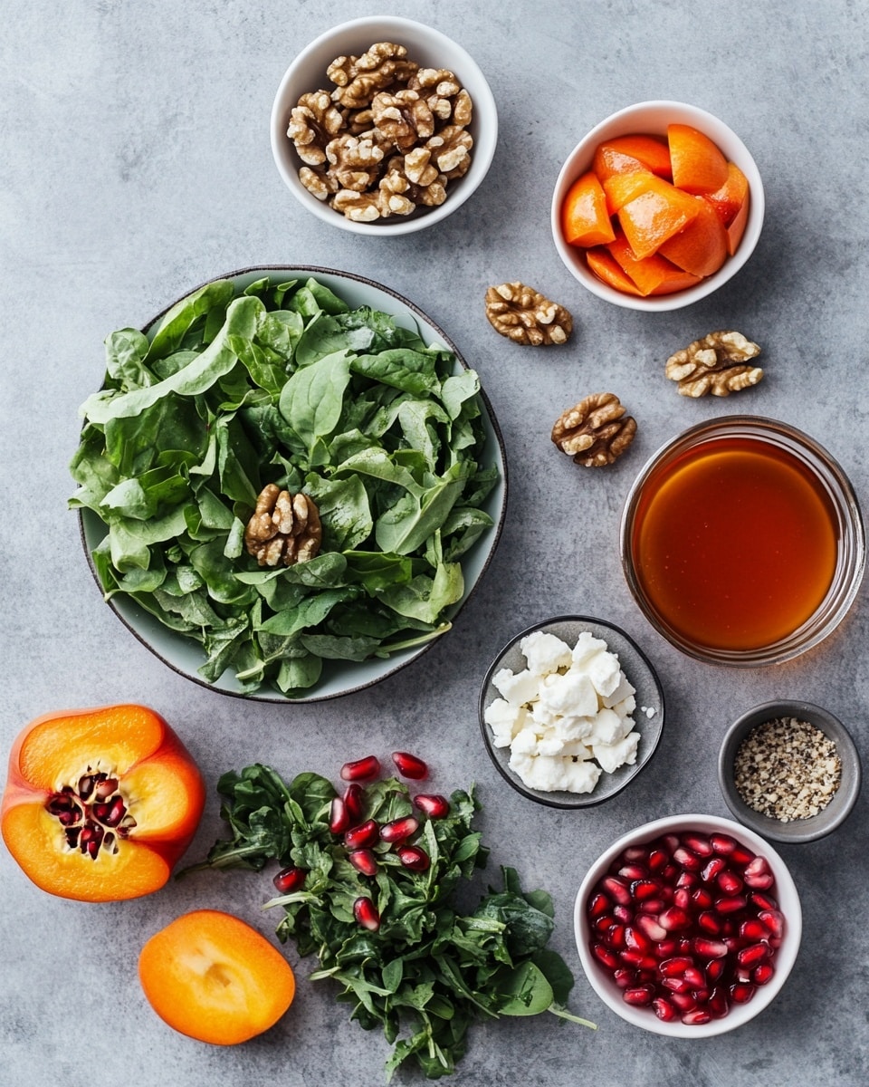 A fresh salad is shown with a large white bowl filled with leafy green mix topped with pecan halves scattered on top, creating a textured look. Surrounding this bowl are four small white bowls, each holding a different ingredient: bright yellow orange melon cubes, deep red shiny pomegranate seeds, small white crumbly cheese pieces, and light brown walnut halves. There is also a small white bowl with a golden salad dressing placed behind the salad bowl. The whole setup is on a white marbled surface, giving a clean and bright background. Photo taken with an iphone --ar 4:5 --v 7
