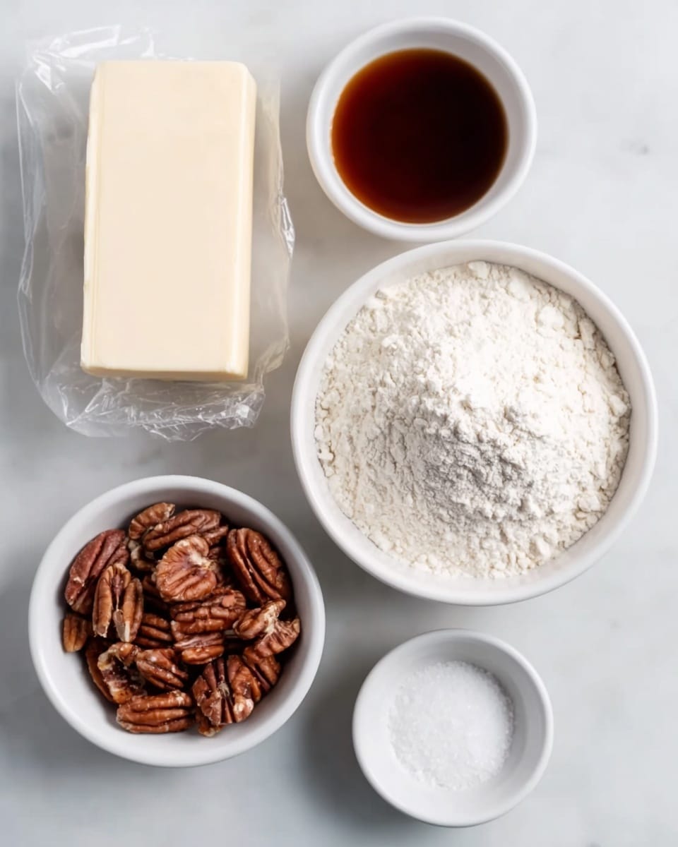 The image shows five white bowls and a wrapped block of butter, all placed on a white marbled surface. The block of butter is positioned on the left side, wrapped in clear plastic. To its right, there is a large white bowl filled with white flour, finely textured and slightly mounded in the center. Above the flour bowl is a smaller white bowl containing a dark brown liquid that looks like vanilla extract. Below the flour bowl, another white bowl holds brown pecans with rough, wrinkled textures. To the right of the pecans, a small white bowl contains fine white granulated sugar. All the items are neatly arranged, creating a clean and organized setting. Photo taken with an iphone --ar 4:5 --v 7