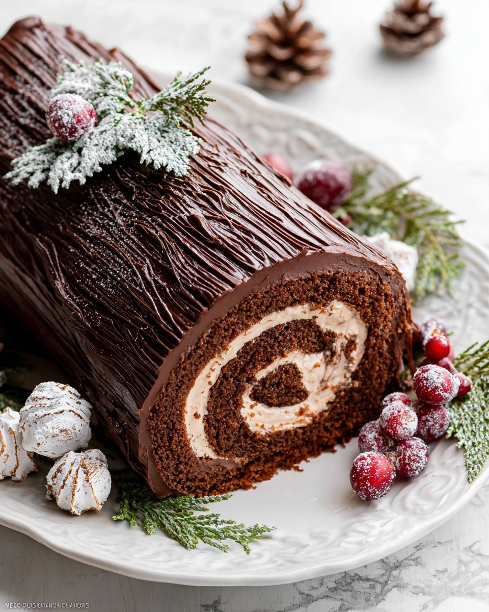 Chocolate Yule Log Cake with Sugared Cranberries and Rosemary Recipe
