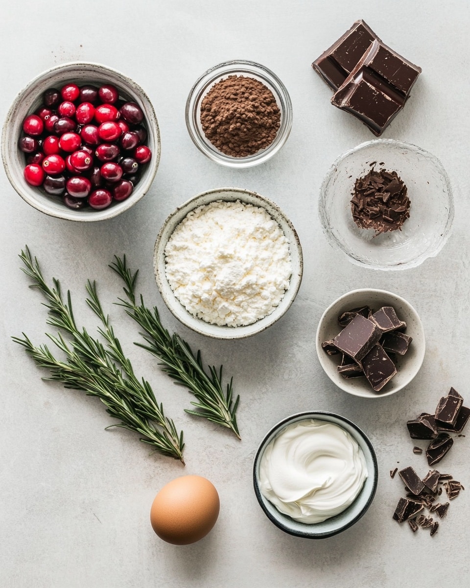 The image shows a chocolate yule log cake with three main layers: a dark brown cake rolled around a light brown cream filling, covered in a thick, glossy dark chocolate frosting with textured lines on top to mimic tree bark. The cake is placed on a white plate with decorative edges, on a white marbled surface. Around the cake are small, round white meringue cookies with cocoa dusting, frosted red cranberries, green rosemary sprigs covered in sugar, and a small pine cone, adding a festive touch. Photo taken with an iphone --ar 4:5 --v 7