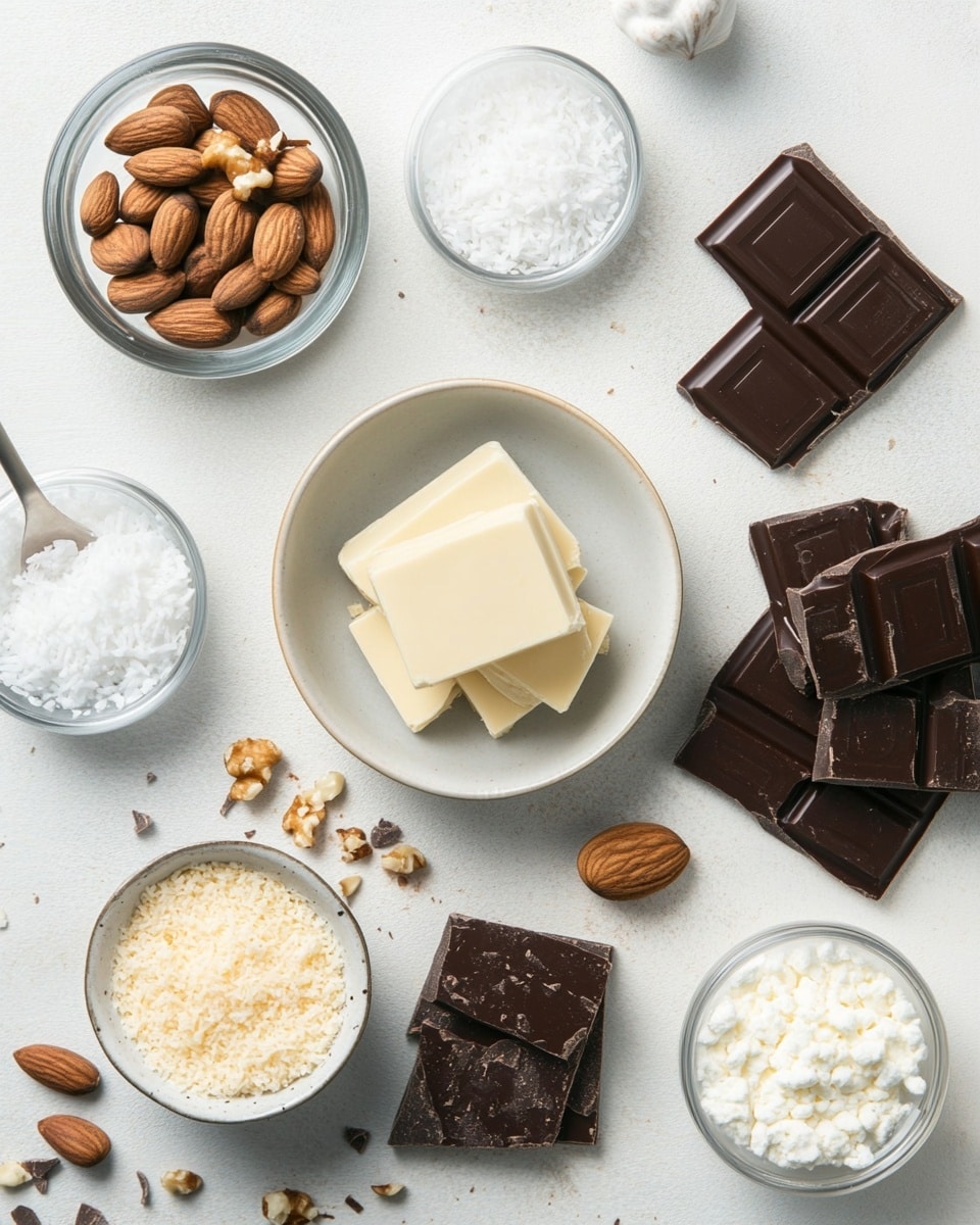 A rectangular white plate is filled with three layers of small round dessert balls, each with a different topping and color. The first layer shows beige balls coated with crushed nuts, white balls covered with shredded coconut, and light brown balls sprinkled with pink, white, and red round sprinkles. The second layer includes dark brown balls covered with chocolate sprinkles, and beige balls drizzled with white chocolate and dark chocolate stripes. The top layer features a beige ball with a crumbly textured top and a half beige ball with a smooth surface. The plate rests on a white marbled surface. Photo taken with an iphone --ar 4:5 --v 7