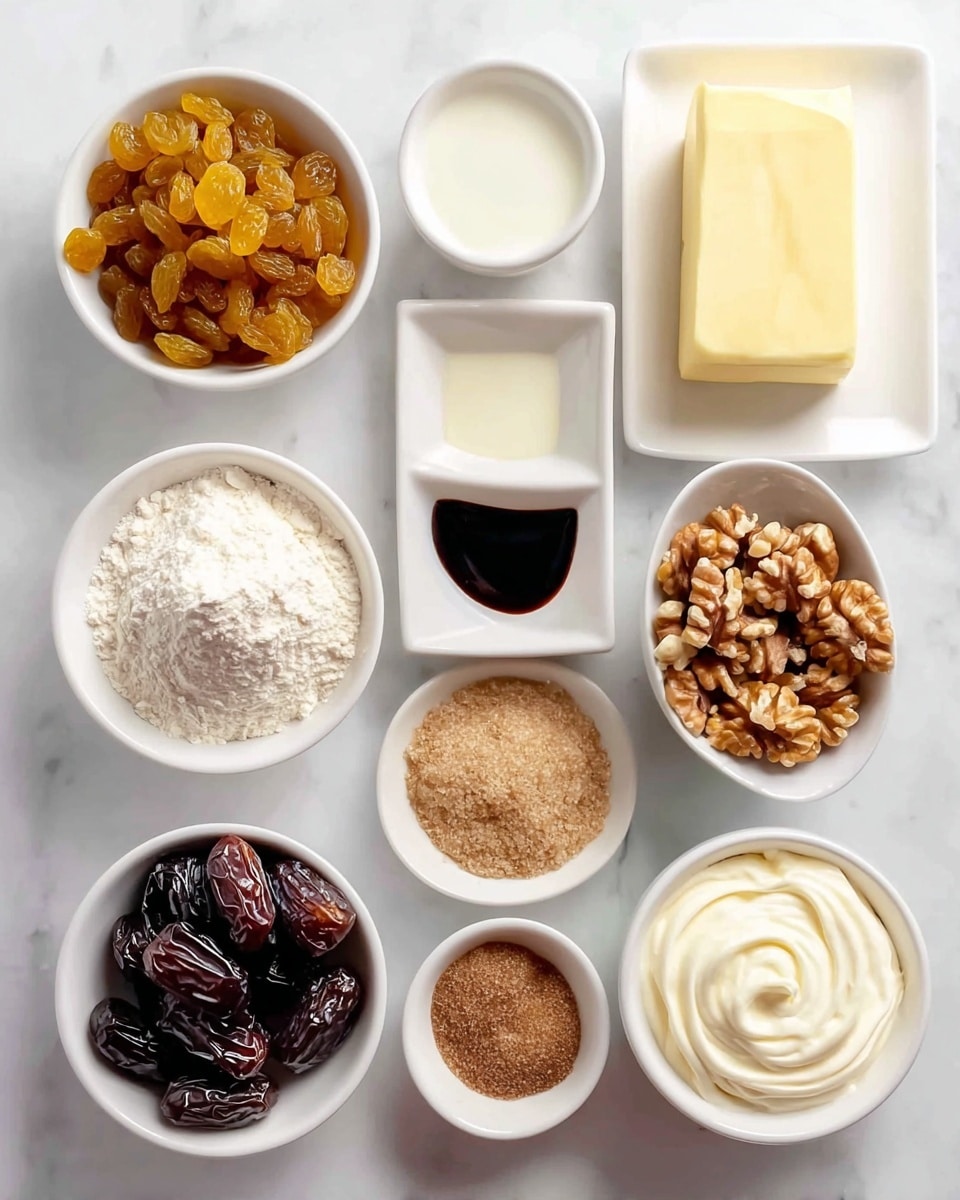 The image shows a top-down view of nine small white bowls and plates arranged neatly on a white marbled surface. At the top left, there is a bowl filled with golden raisins, and next to it on the right is a white rectangular plate holding a light yellow block of butter. Below the golden raisins, a bowl contains dark raisins, and in the center, a small white bowl holds a white liquid; to its right, another bowl contains whole, shiny dark brown dates. Under the dark raisins, a bowl has dark vanilla extract with a glossy surface. To the right of it, a bowl contains light brown sugar, and next to that, a bowl is filled with tan walnuts. At the bottom left, a bowl is filled with white flour, and to the right, a bowl holds creamy, smooth off-white yogurt, showing soft swirls on top. All bowls are white and arranged in a grid-like pattern. Photo taken with an iphone --ar 4:5 --v 7