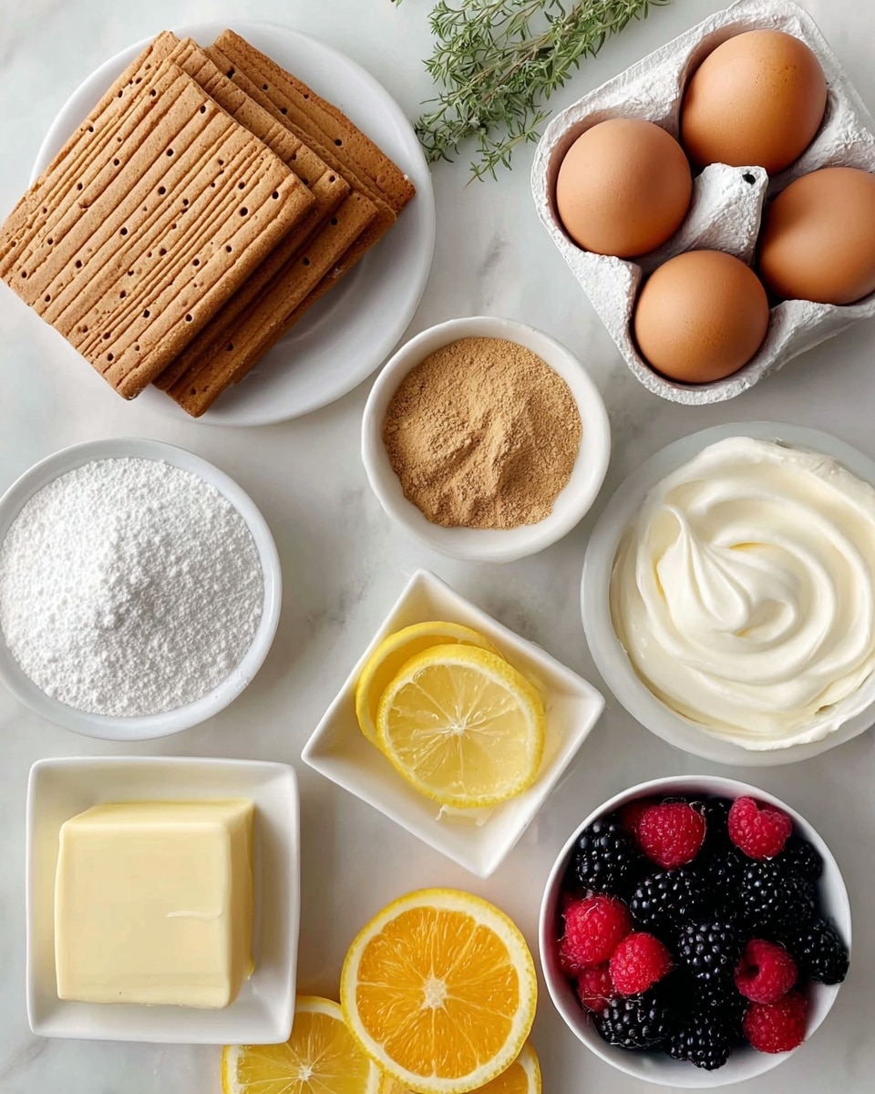 The image shows ingredients neatly arranged on a white marbled surface. There is a white plate stacked with rectangular brown cookies with small holes and ridged edges on the top left. Below it is a white bowl filled with white powdered sugar next to a smaller white bowl full of light brown powder, likely cinnamon or similar spice. To the right, a white bowl is filled with blackberries and raspberries, and a little above, a white egg carton holds four brown eggs. There are slices of bright yellow lemon and orange placed around the bowls for color contrast. At the bottom, there is a square white plate holding smooth pale yellow butter and beside it, a white bowl with creamy white yogurt or cream. Green herbs are placed near the corners for decoration. photo taken with an iphone --ar 4:5 --v 7