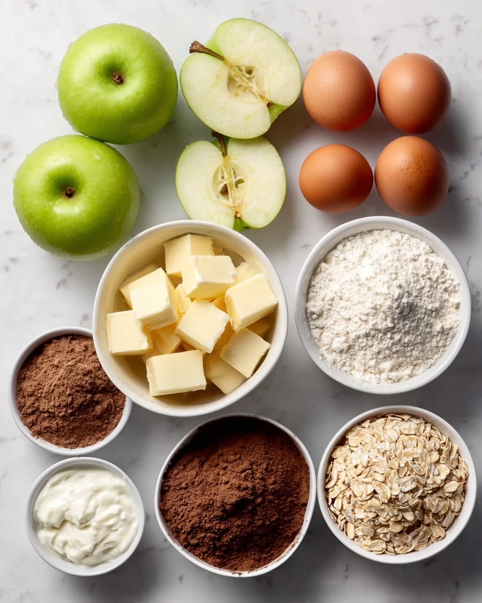 The image shows a flat lay of baking ingredients arranged neatly on a white marbled surface. There are two whole green apples and one apple sliced in half showing its pale green inside placed in the top left. A small white bowl filled with light brown sugar sits above four brown eggs lined up on the right side. Below the apples, a white bowl is filled with square pieces of pale yellow butter. To the right of the butter, a large white bowl contains dark brown cocoa powder, and below the cocoa is a white bowl filled with light cream, possibly yogurt or sour cream. Next to the cream, a white bowl holds light beige rolled oats. Lastly, a small white bowl with fine white flour completes the layout at the bottom left. Photo taken with an iphone --ar 4:5 --v 7