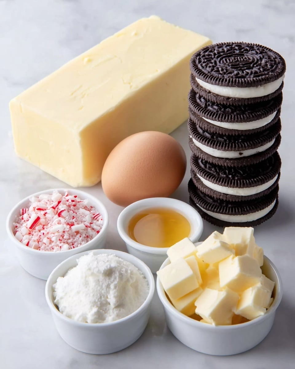 The image shows ingredients neatly placed on a white marbled surface. There is a block of cream cheese with a smooth, pale yellow color positioned at the top left. To its right, there is a stacked pile of black sandwich cookies with white cream filling visible between the layers. Below the cream cheese and cookies, a brown egg sits next to three small white bowls. The first bowl contains light golden liquid, likely honey or syrup, with a shiny texture. The second bowl has white creamy yogurt or sour cream with a smooth surface, and the third bowl holds crushed pieces of red and white peppermint candy. In front of these, two more white bowls are filled, one with white powdered sugar or flour with a fluffy texture and the other with pale yellow cubed butter. photo taken with an iphone --ar 4:5 --v 7