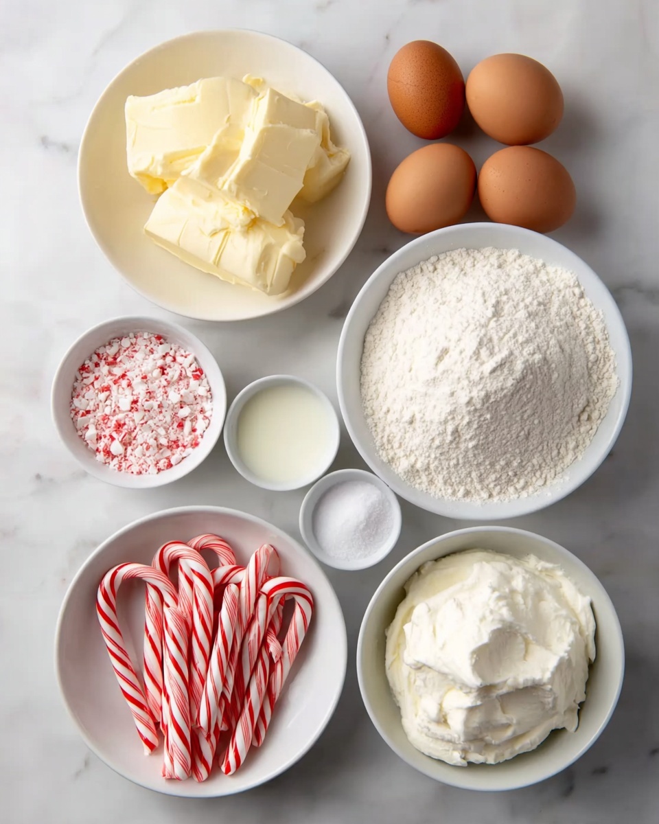 Candy Cane Layered Cake with Mint Buttercream and Cream Cheese Frosting Recipe 4 The image shows seven white bowls and four brown eggs arranged neatly on a white marbled surface. The largest bowl at the right center is filled with a mound of white flour, while the top left bowl holds a few blocks of pale yellow butter. To the lower right of the flour is a bowl of smooth, thick white cream. Below that, another bowl contains white granulated sugar. Above the sugar bowl is a small bowl with milk or cream. Near the bottom left, there is a small bowl filled with finely crushed red and white peppermint candy, and beside it, two whole red and white striped candy canes lie on the white marbled surface. The four brown eggs are grouped at the top right. The image is clean and bright with a clear focus on the texture and color of each ingredient. photo taken with an iphone --ar 4:5 --v 7