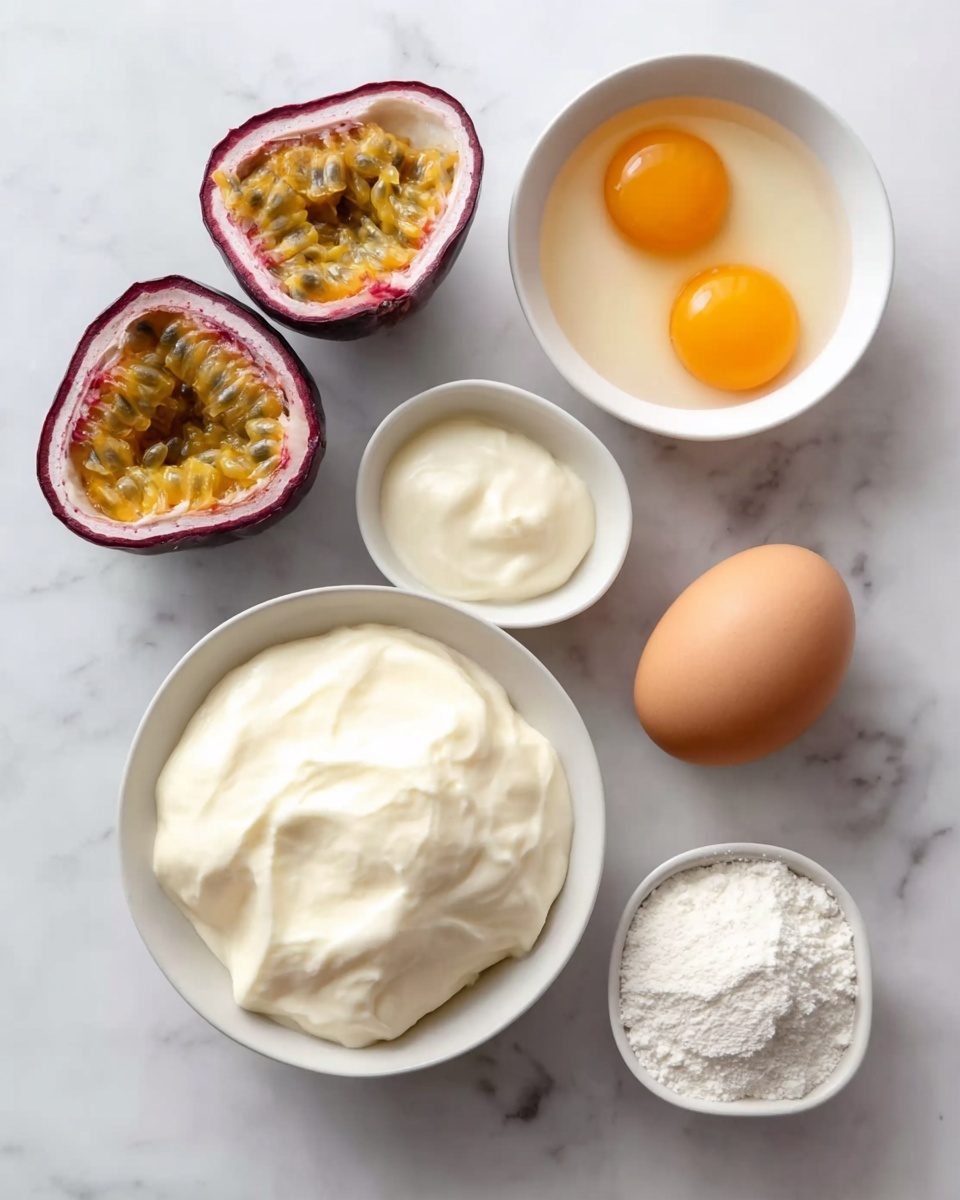 Passionfruit Meringue Pie Recipe 4 The image shows a white marbled surface with six food items arranged neatly. There is a white bowl filled with a thick, creamy white mixture on the left side, and next to it is another white bowl holding two raw egg yolks floating in egg whites. Below the bowls, a halved passion fruit reveals its bright yellow, seedy center inside a dark reddish outer skin. Nearby, there is one whole brown egg standing upright. Another white bowl contains a fluffy white substance that looks soft and airy. Finally, a small white bowl holds a fine white powder. All the items are placed with enough space between them, showing clear details and textures. Photo taken with an iphone --ar 4:5 --v 7