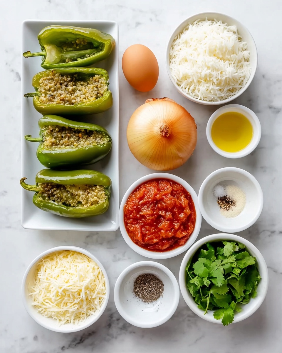 The image shows ingredients arranged neatly on a white marbled surface. On the left, there is a white rectangular plate holding four green poblano peppers cut in half with visible seeds inside. To the right and below, small white bowls hold cooked white rice, olive oil, red chunky salsa, shredded white cheese, black pepper, and a yellowish-brown paste. A whole brown egg and a whole yellow onion sit between the bowls. Fresh green cilantro leaves are in a separate white bowl at the bottom right. Photo taken with an iphone --ar 4:5 --v 7