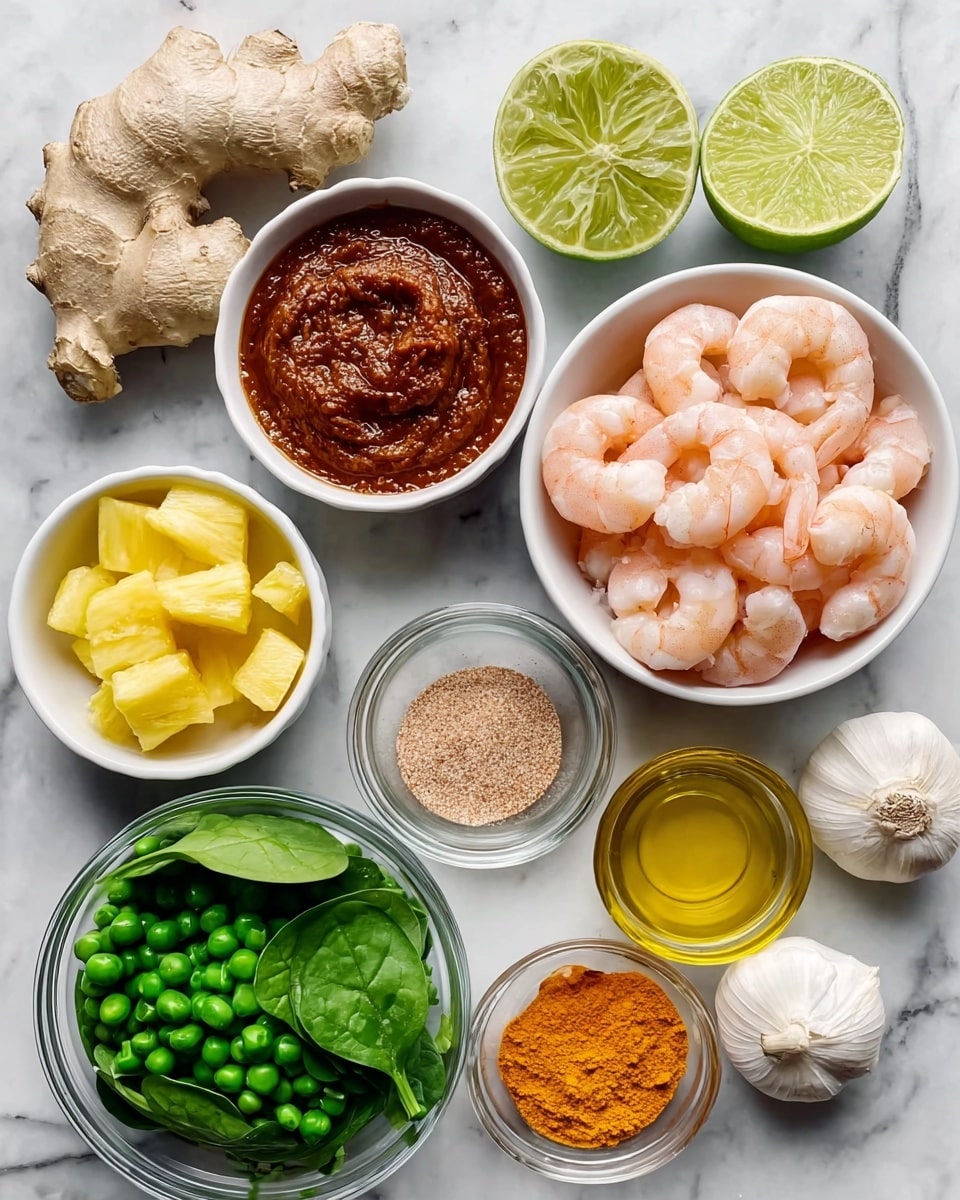 The image shows various ingredients arranged on a white marbled surface in small white bowls and clear glass containers. In the center, there is a white square bowl filled with peeled shrimp that are pale pink and white in color. Above the shrimp, a white round bowl holds a thick, dark reddish-brown sauce. To the upper right, a clear glass bowl contains a yellow liquid, likely oil. Surrounding these bowls are fresh garlic bulbs, a fresh piece of ginger root, small lime wedges, and a bowl with light yellow chunks of pineapple. A bowl on the lower left contains bright green peas and green spinach leaves. A small clear glass bowl near the bottom center holds an orange-yellow powder, probably turmeric. Next to the sauce, there is another small white bowl with a light brown seasoning powder. Photo taken with an iphone --ar 4:5 --v 7