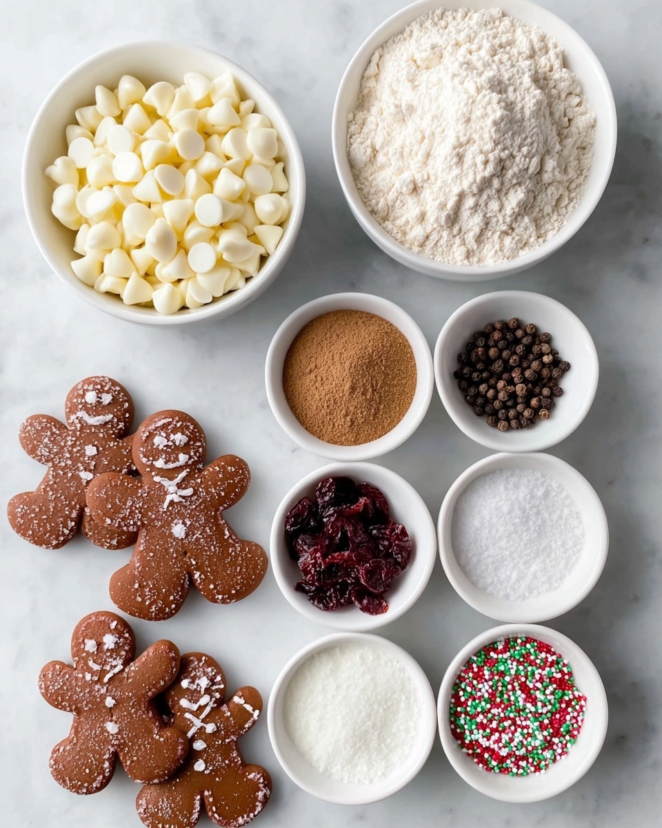 The image shows a white marbled surface with nine white bowls and three gingerbread cookies arranged on it. At the top left, there is a bowl filled with white chocolate chips that are smooth and rounded. To the right of it, there is a bowl of light beige flour with a powdery texture. Below these, a bigger bowl with pale yellow almond flour with a slightly grainy look is placed on the left. Next to it are three small bowls holding cinnamon powder in light brown, whole allspice berries in dark brown and black, and coarse white sea salt granules. Below the allspice bowl, a bowl filled with red dried cranberries sits on the right. At the bottom right corner, a bowl is full of festive sprinkles in red, green, and white. In the lower part of the image, three gingerbread cookies with sugar grit do not overlap each other fully, showing their textured surface and classic gingerbread humanoid shape. Photo taken with an iphone --ar 4:5 --v 7