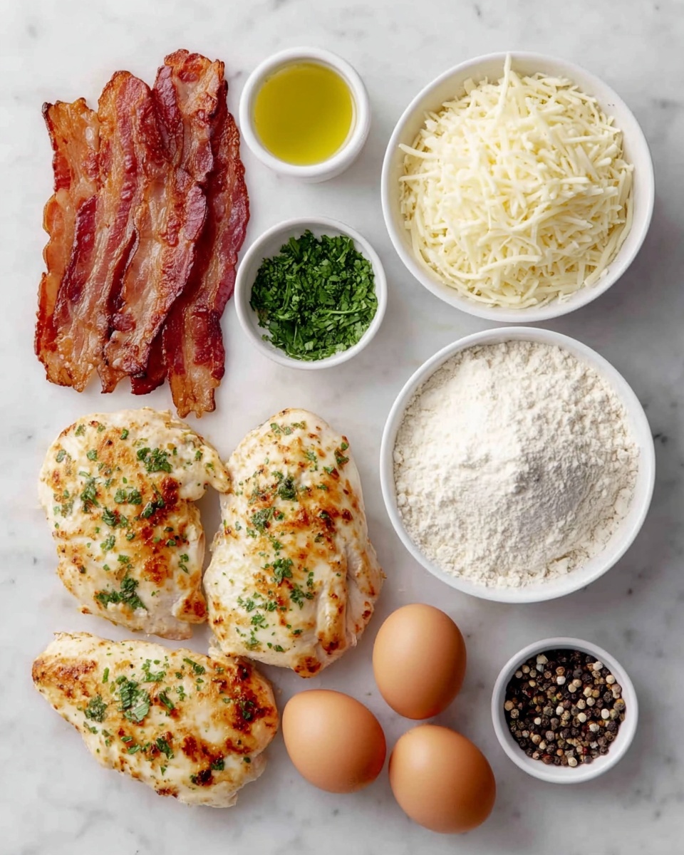 Costco Chicken Bake Recipe 4 The image shows several ingredients neatly placed on a white marbled surface. There are two cooked, slightly browned, seasoned chicken breasts with a sprinkling of green herbs, positioned near the center. To the left, there is a stack of crispy, reddish-brown cooked bacon strips overlapping each other. Near the top right, a small clear bowl contains shredded white cheese, and next to it is a white bowl filled with a clear, golden yellow liquid, likely oil. Below the cheese and oil are a white bowl with white flour and a small white bowl full of chopped green herbs. At the bottom right side, there are three brown eggs grouped together. Finally, two small white bowls with black and white mixed peppercorns and salt are placed near the eggs and chicken. Photo taken with an iphone --ar 4:5 --v 7