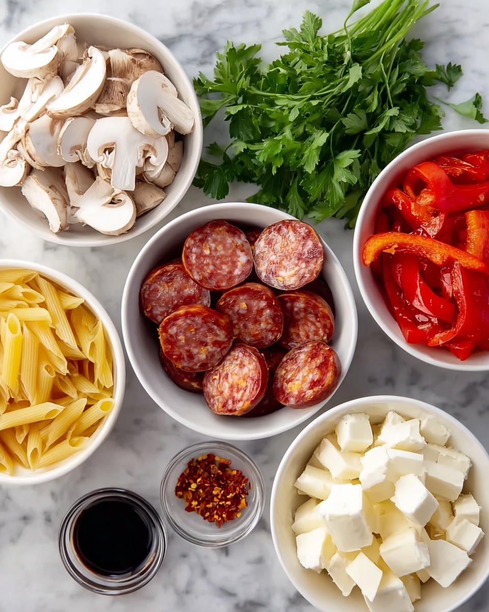 The image shows a top view of several white bowls and ingredients arranged on a white marbled surface. At the center is a bowl filled with dark red, round slices of salami with white fat pieces visible. To the top left, there is a bowl of thinly sliced white mushrooms with brown gills. Near it, a bowl contains roasted red peppers with a shiny, soft texture. Yellow bell pepper strips are placed on the right side, partially visible. A smaller bowl of dark soy sauce is at the bottom left, and next to it, a white bowl holds cooked penne pasta that is pale yellow with smooth surfaces. Near the bottom right, a bowl contains white crumbly cheese, and fresh green parsley leaves lie between the bowls. A small bowl with red chili flakes is visible on the far right. The whole setup rests on a clean white marbled background, and every element is well lit. photo taken with an iphone --ar 4:5 --v 7