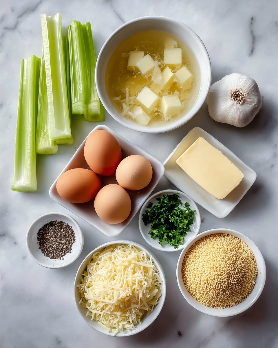 The image shows several ingredients laid out neatly on a white marbled surface. On the top left, there are light green celery sticks arranged side by side. Below them, four brown eggs rest in a small white square dish. Next to the eggs is a large white bowl filled with finely grated pale yellow cheese. In the center, there is a small white bowl with fresh green chopped herbs. To the right, another small white bowl holds a light yellow liquid with chunks of pale yellow butter floating in it. Above this bowl is a whole white garlic bulb, and next to the garlic is a small white bowl containing crushed black pepper. On the bottom right, a larger white bowl is filled with yellow couscous grains. In the middle, there is a pale yellow cube of solid butter placed directly on the white marbled surface. Photo taken with an iphone --ar 4:5 --v 7
