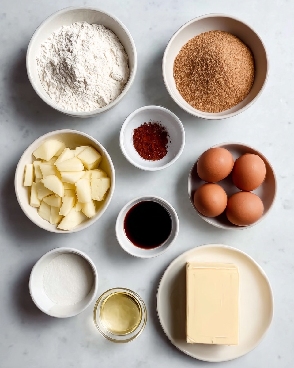This image shows nine white bowls and four brown eggs arranged neatly on a white marbled surface. The top row has a large bowl filled with white flour on the left and a large bowl with light brown sugar on the right. Below them are three smaller bowls: on the left, a bowl of white granulated sugar, in the middle a bowl with brown powder (likely cinnamon), and on the right, four brown eggs placed in a square shape. Below these, there is a small glass bowl with a pale yellow liquid (likely oil) on the left, and a small bowl filled with dark brown liquid (likely vanilla) on the right. At the bottom left is a bowl containing pale yellow diced fruit pieces (likely apples), and on the bottom right, a bowl with a light cream-colored solid block (likely butter). The arrangement is clean and organized with clear, soft lighting. photo taken with an iphone --ar 4:5 --v 7