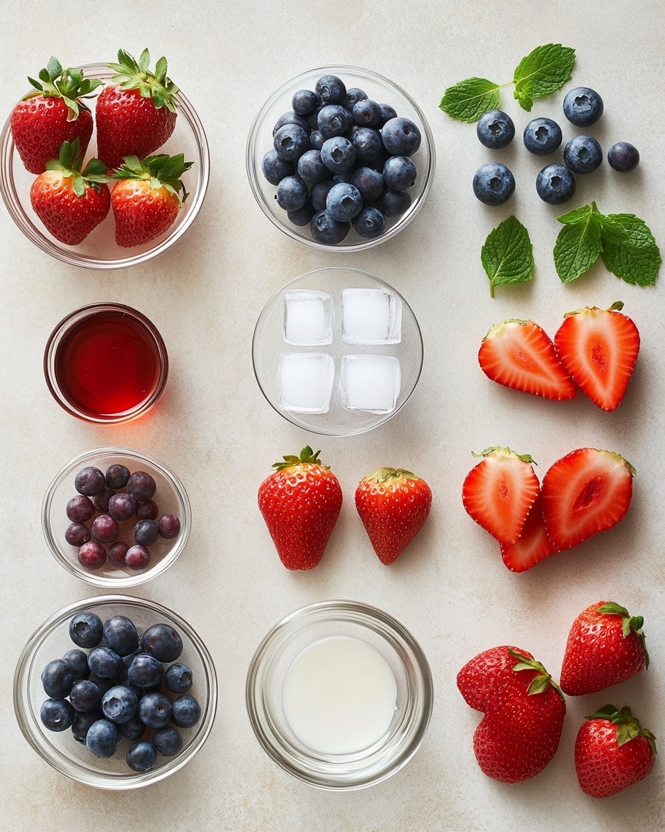 Strawberry Sparkler Mocktail Recipe 4 A clear glass filled with a pink bubbly drink shows three layers: the bottom layer has dark purple blueberries soaked in liquid, the middle layer is a thick pink frothy mix, and the top layer has bright red ice cubes and a few scattered blueberries, all topped with bubbles. A fresh lemon slice is placed on the rim of the glass. The glass sits on a white marbled surface with a soft white cloth in the blurred background. photo taken with an iphone --ar 4:5 --v 7
