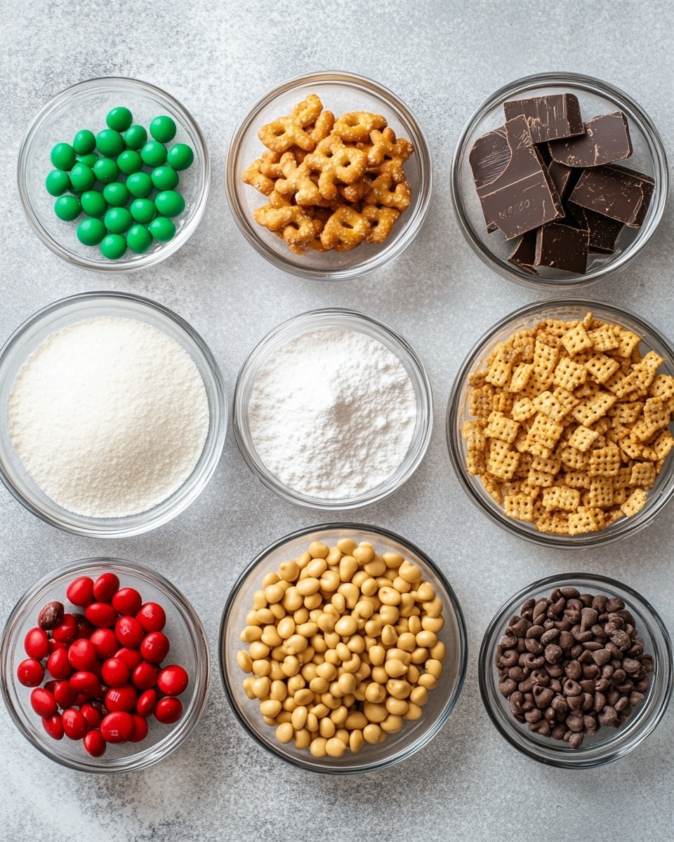 The image shows two star-shaped bowls filled with a snack mix placed on a white marbled surface. The top bowl is white and contains three visible layers: the bottom layer has small brown pretzel sticks, the middle layer has square, white, powder-coated cereal pieces, and scattered on top are red and green round candy-coated chocolates. The second bowl, also white, has a similar mix with the same three layers and colorful candies. Around the bowls, red and green round candies are scattered, with some red berries on a twig visible on the left side and a red cloth with a white snowflake design partially visible on the right. Photo taken with an iphone --ar 4:5 --v 7
