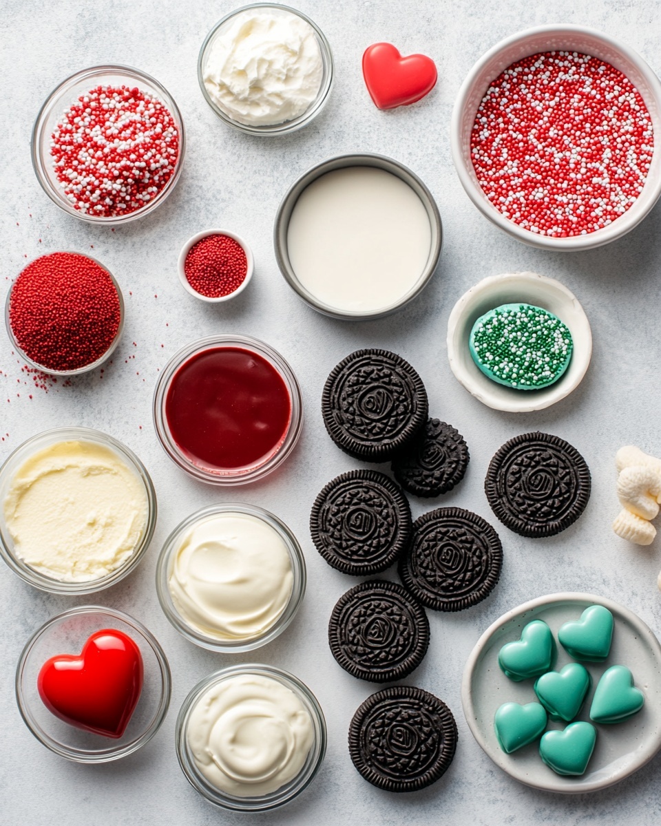 Grinch Oreo Balls with Red Velvet Oreos Recipe 4 The image shows round treats with a smooth bright green coating, each topped with a small red heart decoration. The treats have thin green drizzle lines across them, adding texture and detail. They are arranged closely on a brown silicone mat, with some green drizzle scattered around. The background surface is changed to a white marbled texture. photo taken with an iphone --ar 4:5 --v 7