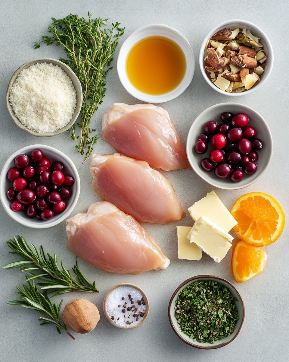 Impressive Cranberry Brie Stuffed Chicken Recipe 4 The image shows a white plate with five thick slices of cooked chicken stuffed with three visible layers inside: a dark red layer of cranberry, a melted light yellow cheese layer, and green spinach leaves. The chicken outside is browned and slightly crispy. A fork with a wooden handle is holding one slice with a piece taken off, while a knife rests nearby on the plate. There are some sauce drops and black pepper sprinkled on the plate, which is set on a white marbled surface with a wooden bowl of crushed black pepper at the top left and a striped cloth napkin at the bottom left. Photo taken with an iphone --ar 4:5 --v 7