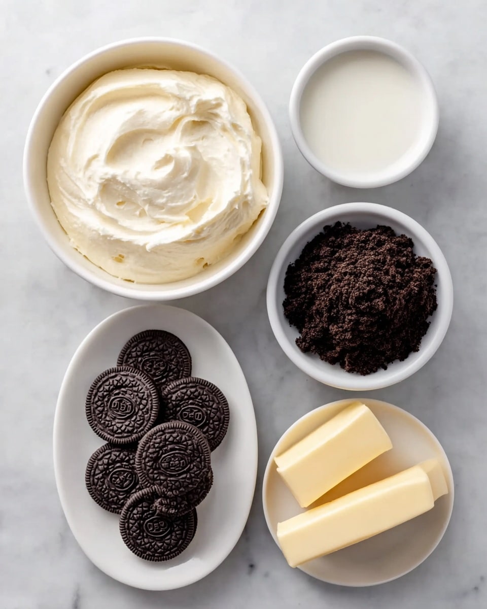 Delicious Oreo Fluff Dessert Recipe 4 The image shows five white bowls and a white oval plate on a white marbled surface. The largest bowl is filled with a creamy, soft white mixture that looks smooth and thick, placed on the top left. To its right, a smaller bowl holds a plain white liquid. Below this, a medium bowl contains dark, finely crushed cookie crumbs that are dense and crumbly in texture. On the bottom left, a white oval plate is stacked with whole chocolate sandwich cookies with dark brown, almost black color and textured surfaces. The smallest bowl at the bottom right holds two rectangular pieces of light yellow butter with soft edges. photo taken with an iphone --ar 4:5 --v 7