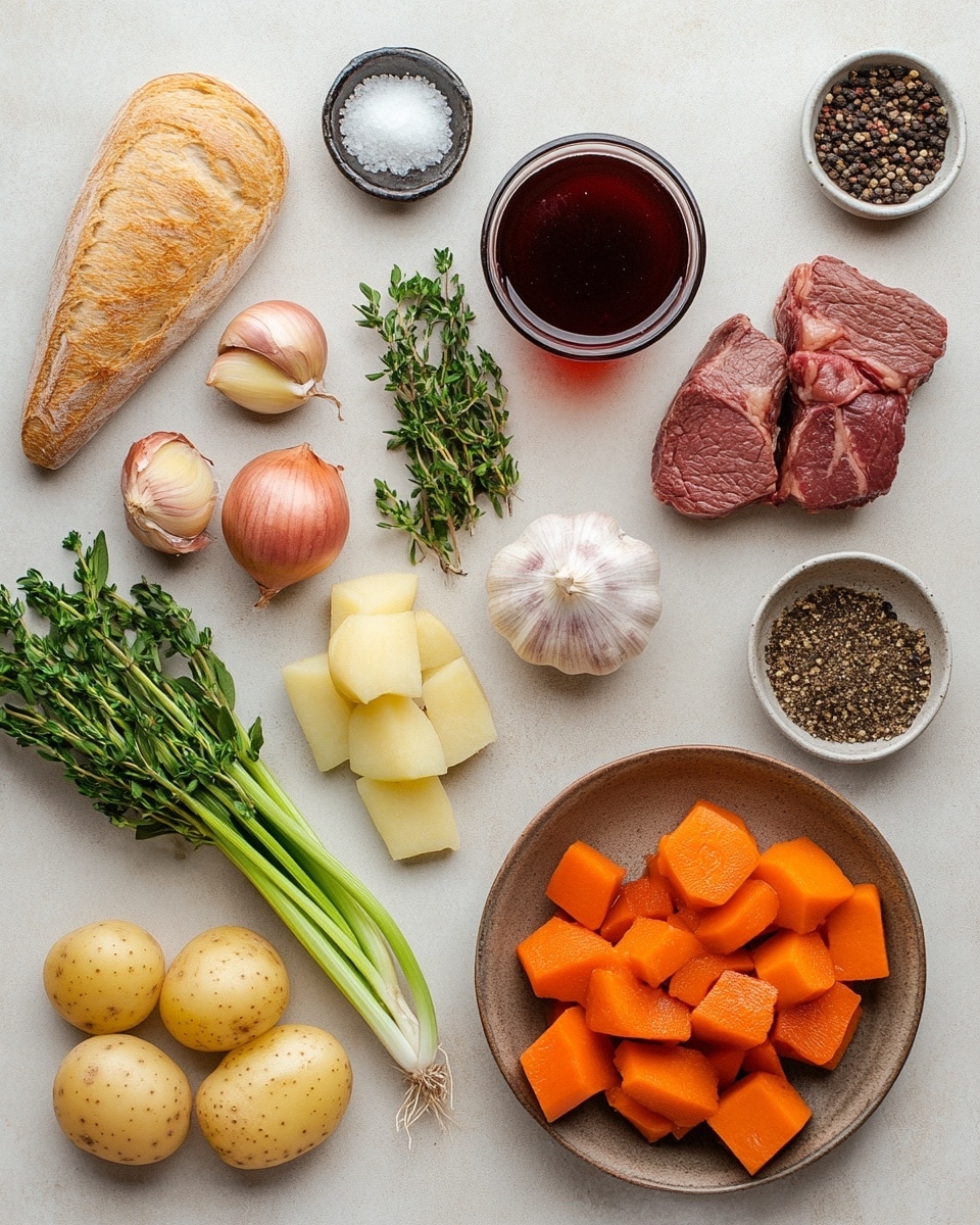 Hearty Beef Stew with Carrots and Potatoes Recipe 4 The image shows a white round pan filled with a rich stew, layered with large chunks of browned beef, soft yellow potatoes, thick carrot pieces, and translucent onion segments. The stew liquid is deep reddish-brown, coating all ingredients and giving a glossy look. Small sprigs of fresh green herbs are scattered on top, adding a touch of color contrast. The pan handle is red, and the whole scene sits on a white marbled surface. Photo taken with an iphone --ar 4:5 --v 7