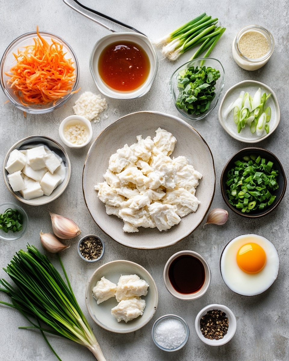 Crab Rangoon Eggrolls Recipe 4 Three fried egg rolls are stacked on a white plate set on a white marbled surface. The egg rolls have a crispy golden-brown outer layer with a slightly bubbled texture. One egg roll is cut in half, showing a creamy white filling with small pieces of green onion inside. A small bowl of chopped green onions is in the foreground on a striped cloth, and a blurred red container is visible in the background. The overall scene has bright lighting and a clean, fresh look. photo taken with an iphone --ar 4:5 --v 7