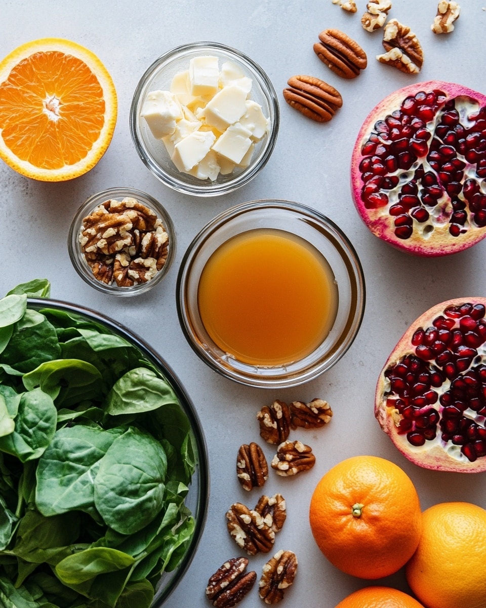 Christmas Fresh Salad with Orange, Pomegranate, and Candied Pecans Recipe 4 A black deep bowl is filled with a fresh salad that has three main layers. The base layer is mixed green leaves with different shapes and textures, some dark green and some lighter with frilly edges. On top of the greens, there are bright orange segments of mandarin, scattered pomegranate seeds that are shiny red and round, and small brown nut pieces that add crunch. The top layer is sprinkled with white crumbled cheese, giving a soft and slightly grainy texture. The bowl sits on a white marbled surface with another similar salad bowl blurred in the back, showing a bright and healthy meal. Photo taken with an iphone --ar 4:5 --v 7