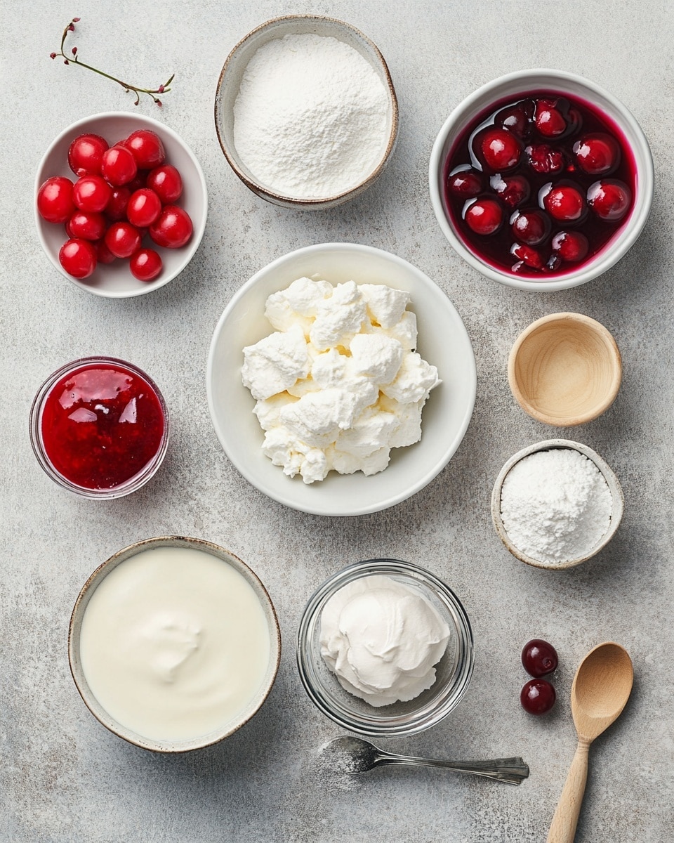 Cherries in the Snow Recipe 4 A white plate holds a dessert with two main layers. The bottom layer is thick and white, looking soft and fluffy with a creamy texture. On top is a bright red glossy layer with whole cherries and syrup that drips slightly over the white layer. There is a silver spoon beside the dessert on the plate, resting partially under it. The plate is set on a white marbled surface, and part of a clear glass dish with more of the same dessert is visible to the left. Two silver spoons rest on a white cloth with a black leaf pattern near the glass dish. Another white plate with a similar dessert is at the right edge of the image. photo taken with an iphone --ar 4:5 --v 7