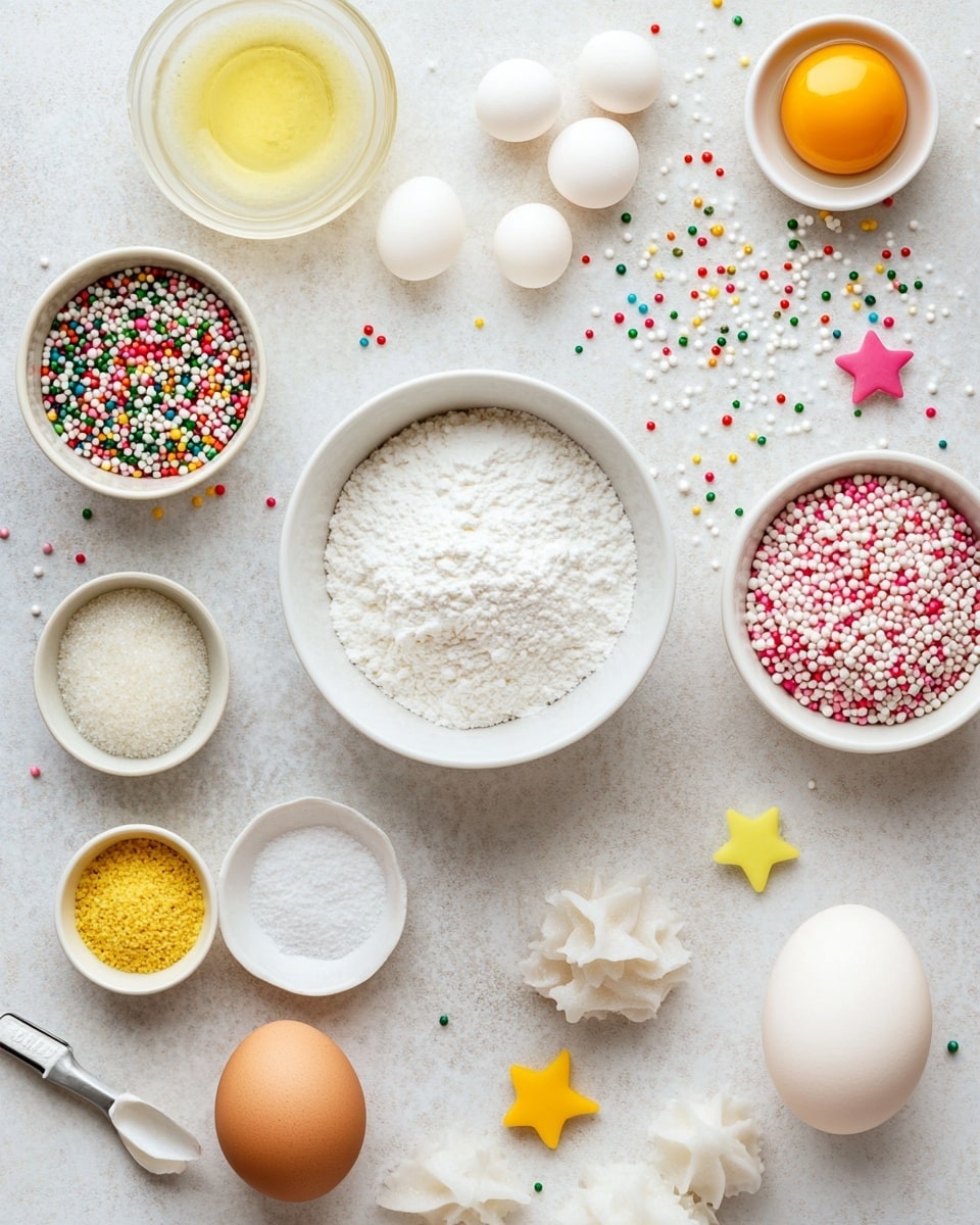 Meringue Christmas Trees Recipe 4 The image shows several small light green Christmas tree-shaped meringue cookies placed on a white marbled surface. Each cookie has three main swirled layers that give the shape of a tree, with a rough but fluffy texture. Tiny round sprinkles in red, green, gold, and white decorate each tree in random spots, looking like ornaments. Each tree is topped with a small golden star at the highest point. The cookies appear soft and airy in texture, with gentle shadows adding depth, and the background is softly blurred to bring the focus on the meringue trees. Photo taken with an iphone --ar 4:5 --v 7