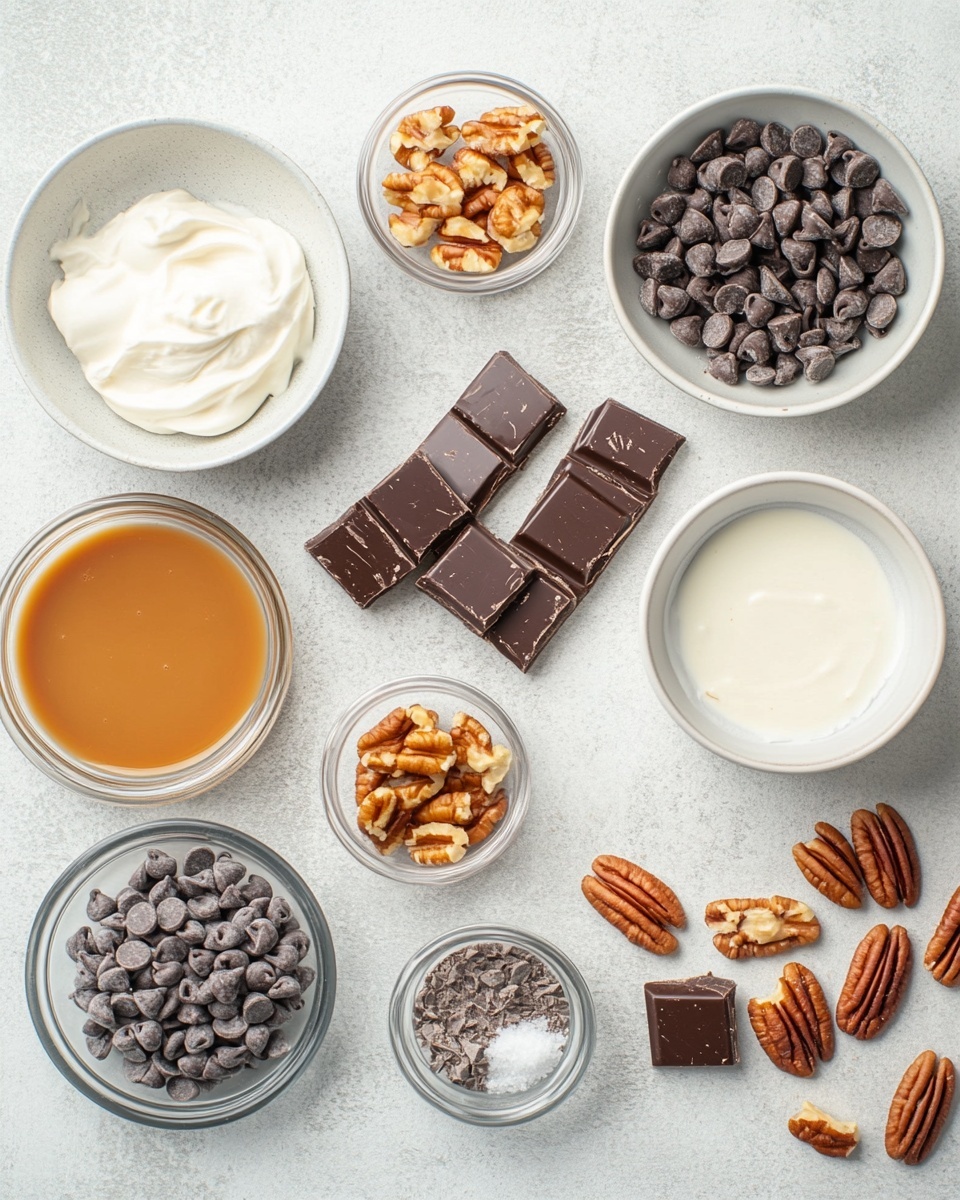 Turtle Fudge Festive Recipe 4 The image shows several square pieces of chocolate caramel fudge stacked on a white marbled surface. Each piece has three layers: a thick bottom layer of dark chocolate mixed with small nut pieces, a middle layer of golden caramel, and a top layer of smooth dark chocolate sprinkled with chopped nuts. One piece at the top center has a bite taken out, revealing the gooey caramel layer slightly oozing out. Around the fudge squares, there are whole pecans and a single caramel candy. The overall texture looks rich and nutty with a mix of smooth and crunchy elements. Photo taken with an iphone --ar 4:5 --v 7