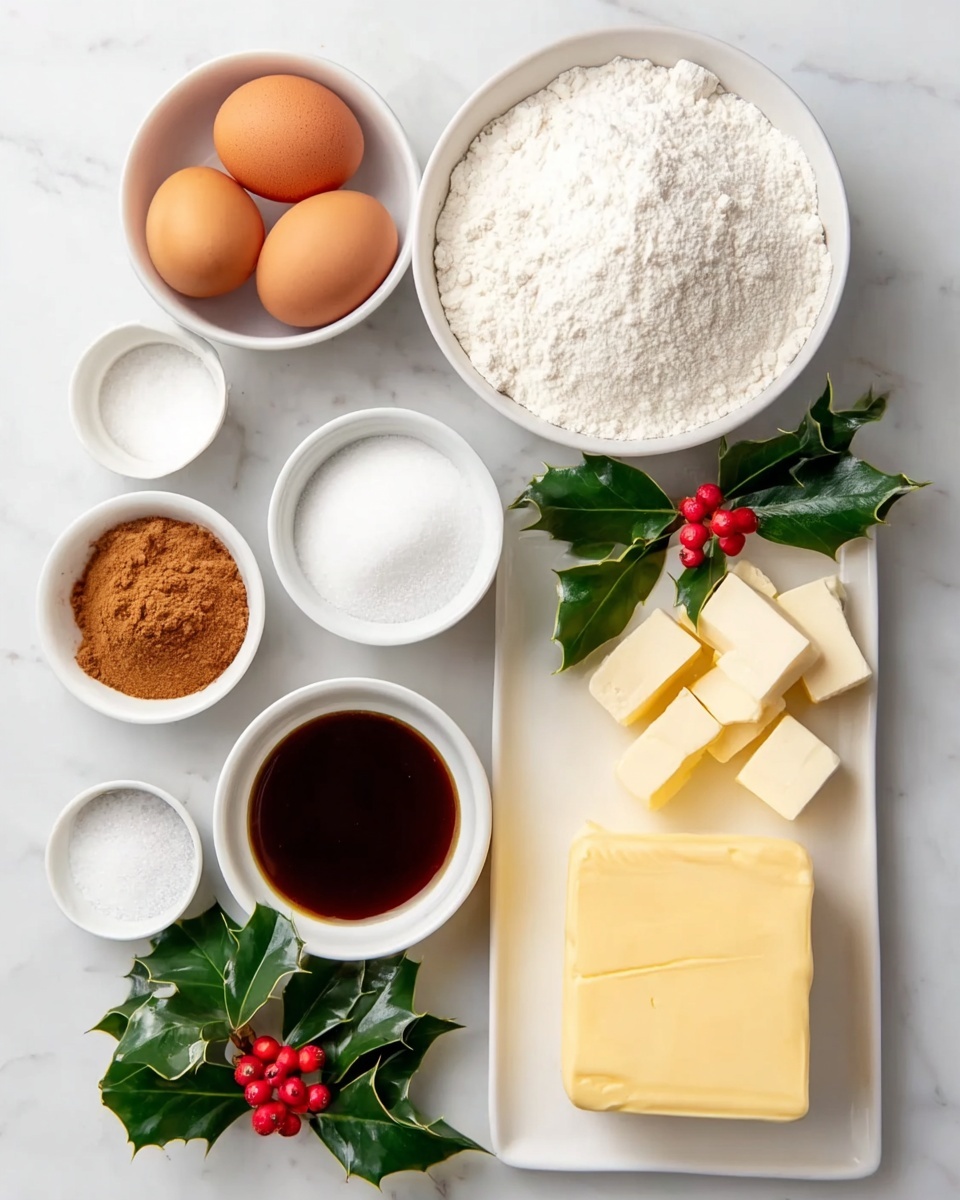 White Chocolate Dipped Gingersnap Cookies Recipe 4 The image shows several white bowls and a white rectangular dish arranged on a white marbled surface. In the top left, the rectangular dish holds a large, smooth block of pale yellow butter. To the right, there are two brown eggs and a small white bowl filled with granulated white sugar. Below them, a large white bowl contains a mound of white flour. In the bottom right, a white bowl is filled with square pieces of solid white shortening or fat. Near the center, there are two small white bowls with brown powdered spices, and another small bowl filled with dark brown liquid, possibly molasses or syrup. A small white bowl near the bottom left holds white salt, and next to it, there is a sprig of green holly leaves with bright red berries. photo taken with an iphone --ar 4:5 --v 7