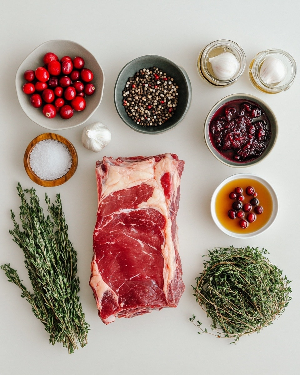 A cast iron pan filled with a cooked steak topped with a dark brown sauce, scattered with bright red cranberries and sprigs of fresh green thyme. The steak is layered with one large piece resting above two smaller pieces, the meat showing a juicy pink inside and a charred, crispy dark brown crust on the outside. The sauce glistens with a thick texture surrounding all pieces, pooling slightly at the bottom. The cranberries and thyme are evenly spread both on the meat and in the sauce. The pan sits on a white marbled surface photo taken with an iphone --ar 4:5 --v 7