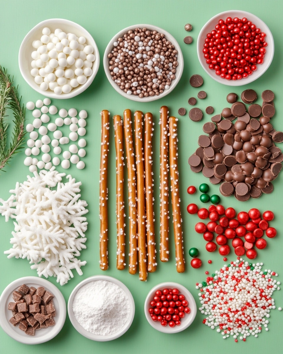 Festive Christmas Pretzel Rods with Holiday Sprinkles Recipe 4 A row of ten pretzel sticks is laid out on a white marbled surface, each dipped halfway into smooth chocolate coatings with different colors and textures. From left to right: the first pretzel is covered in white chocolate and sprinkled with green and red small candy bits; the second is dark chocolate dipped and covered with tiny tan nut pieces; the third has a dark chocolate coating decorated with small white marshmallows; the fourth is dark chocolate with a drizzle of darker chocolate; the fifth pretzel is white chocolate covered with crushed peppermint candy bits; the sixth is dark chocolate, topped with red and green sprinkles; the seventh is white chocolate decorated with red and green round candy pieces; the eighth is white chocolate with thin dark chocolate drizzles; the ninth pretzel has a dark chocolate coat covered with red, white, and green small round sprinkles; and the tenth is dark chocolate with red, green, and white flat candy bits on top. The salted pretzel ends are all visible and glossy. photo taken with an iphone --ar 4:5 --v 7