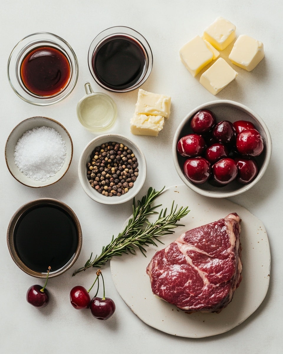 Peppercorn Crusted Beef Tenderloin with Cherry Port Sauce Recipe 4 The dish shows two pieces of sliced pinkish red meat with a dark brown crust on the edges, topped with a thick dark red sauce. To the right of the meat is a pile of fresh, bright green leafy arugula with a slightly shiny texture. The food is on a white plate with a rough beige rim, all placed on a white marbled surface. At the bottom left corner, there is a beige bowl filled with dark red sauce containing whole berries and a spoon inside it. photo taken with an iphone --ar 4:5 --v 7