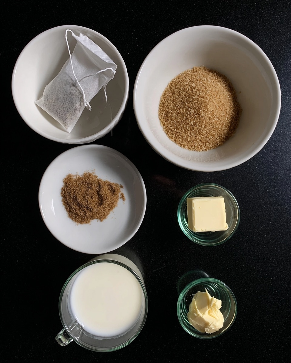 The image shows five white containers and a clear glass arranged on a black surface. At the top left, a white bowl holds a tea bag with a string lying inside it. Next to it on the right, another white bowl contains light brown granulated sugar. In the center, a white bowl holds a small heap of finely ground brown spices. At the bottom left, a clear glass cup is filled with white milk, while at the bottom right, a transparent glass holds a pale yellow solid, likely butter. The background is a white marbled texture. photo taken with an iphone --ar 4:5 --v 7