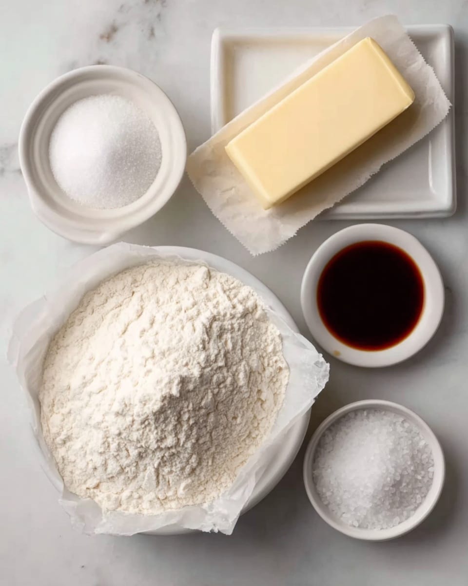 Ted Lasso Biscuit Shortbread Recipe 4 The image shows five white dishes arranged on a white marbled surface. The largest dish at the bottom holds a large mound of fine white flour lined with parchment paper. To the top right is a white dish with a block of pale yellow butter, smooth and rectangular. Above the flour, there is a small white bowl filled with coarse white salt. To the top left, another small white bowl holds white granulated sugar, and next to it, a small white bowl contains dark brown vanilla extract. All items are neatly placed, showing a clean and simple baking setup. photo taken with an iphone --ar 4:5 --v 7