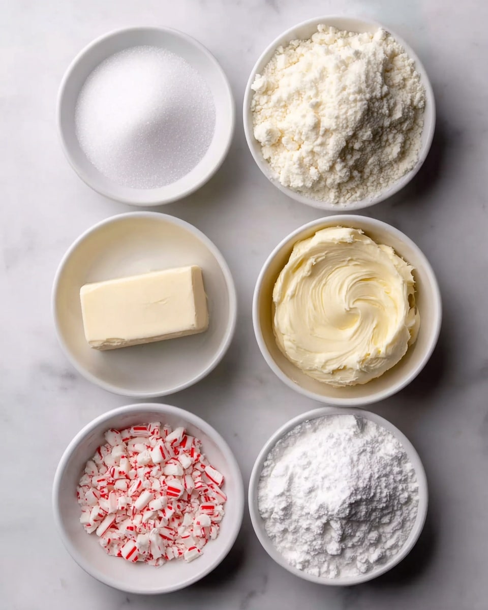 Peppermint Meltaways Cookies with Peppermint Cream Cheese Frosting Recipe 4 The image shows five white bowls arranged on a white marbled surface. The top left bowl contains white granulated sugar with a slightly crystalline texture. To its right, a bowl is filled with white flour, piled high with a soft, powdery look. Below the sugar bowl, there is a bowl holding creamy, light yellow butter that looks smooth and soft with some swirled texture on top. To the right of the butter, a bowl contains a small block of pale yellow solid butter that has a smooth and firm texture. On the bottom left, the last bowl has crushed peppermint candy pieces, white with red stripes, giving a colorful contrast among the mostly white ingredients. photo taken with an iphone --ar 4:5 --v 7