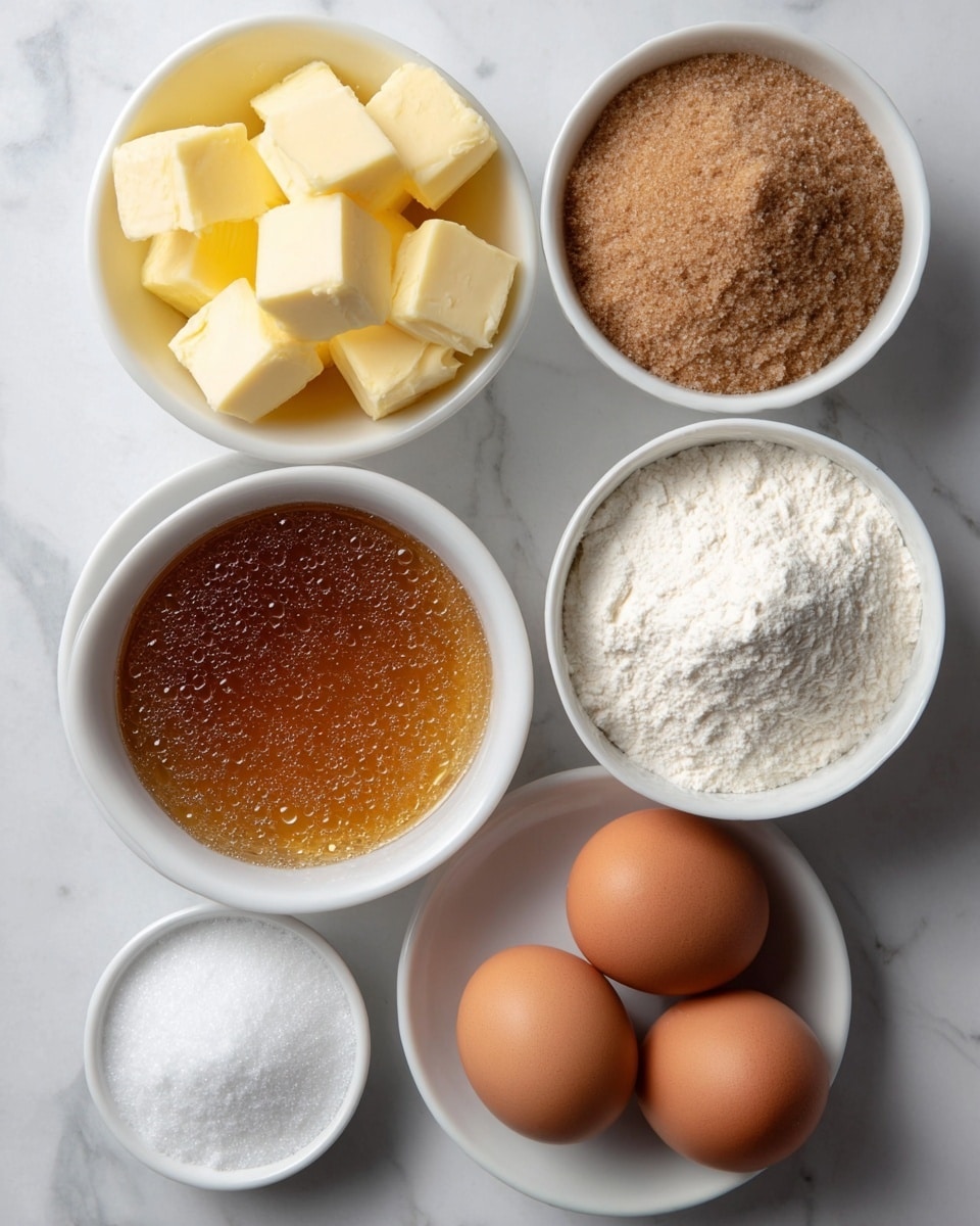 Strawberry Crinkle Cookies Recipe 4 The image shows five white bowls and a small white plate on a white marbled surface, each holding a different ingredient. The top left bowl contains six light yellow butter cubes with a smooth texture. To its right, a bowl is filled with light brown sugar that has a slightly coarse, grainy texture. Below the butter, a bowl holds white flour with a powdery, soft texture. To the right of the flour bowl is a bowl filled with a golden, shiny liquid honey that has small bubbles visible on the surface. At the bottom left, a bowl contains white granulated sugar with a fine, grainy texture. Finally, a small white plate at the bottom right holds three brown eggs with smooth shells. photo taken with an iphone --ar 4:5 --v 7