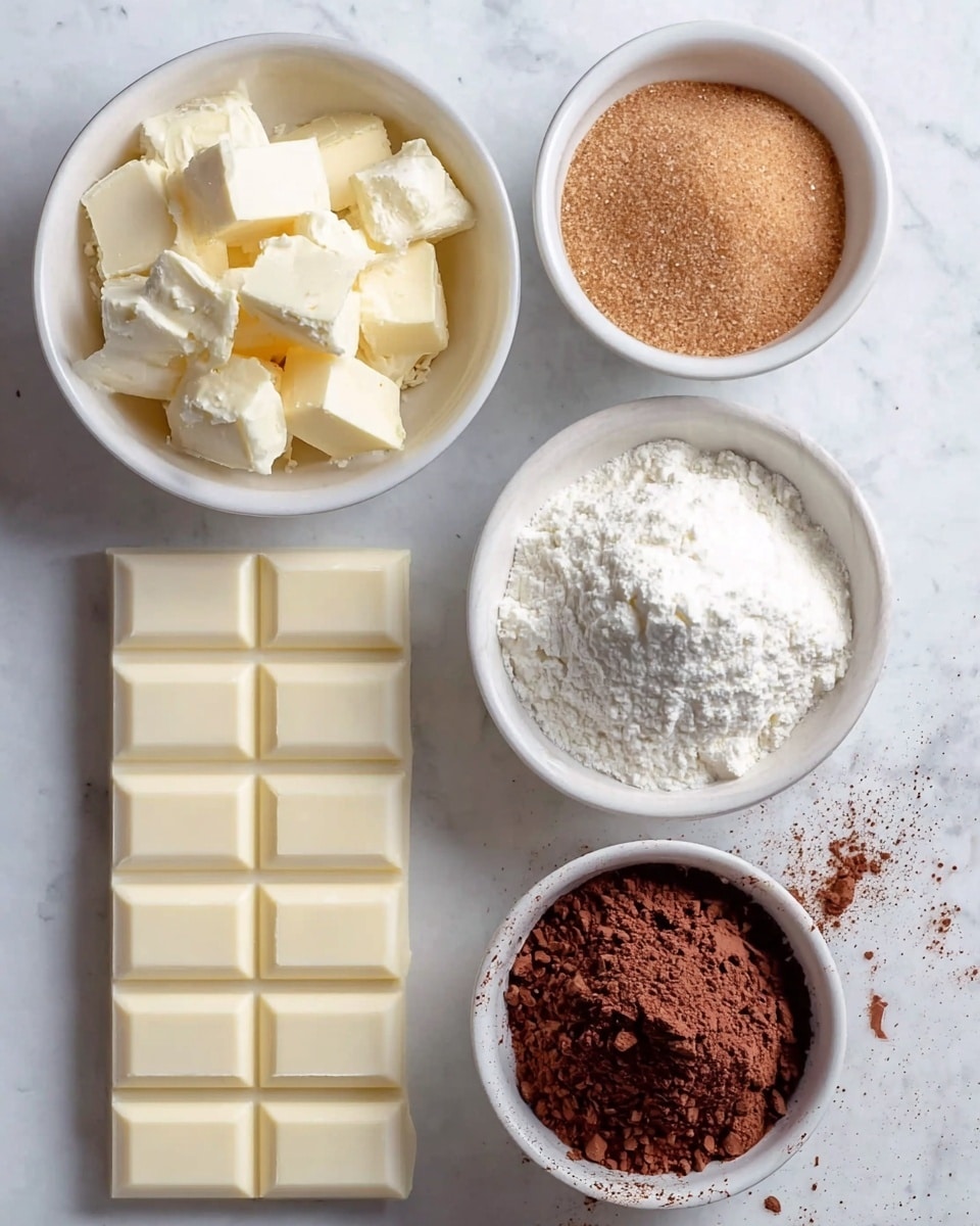 The image shows five white bowls arranged on a white marbled surface. The top left bowl is filled with small chunks of pale yellow butter with a soft texture. Below it, there is a white chocolate bar with a smooth surface and rectangular segments. To the right of the butter bowl, there is a small white bowl filled with granulated light brown sugar. Below the sugar, there is a larger white bowl stacked with white powdered sugar that has a fluffy, powdery texture. The bottom right corner features a small white bowl filled with dark brown cocoa powder that looks fine and dry. photo taken with an iphone --ar 4:5 --v 7