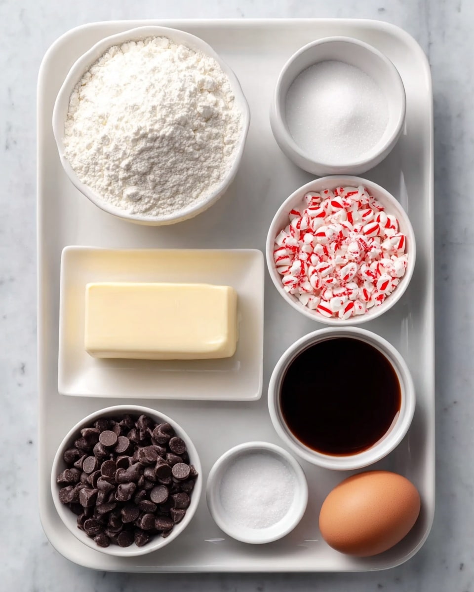 A white tray with seven small white bowls and a white plate on a white marbled surface showing ingredients. From top left, a bowl full of white flour with a small mound in center, next to it is a slightly smaller bowl full of white granulated sugar. Below the flour is a rectangular white plate with a large slab of smooth yellow butter. To the right of the butter, a bowl holds dark brown liquid, likely vanilla extract. Next to it, a bowl with a mix of crushed white and red peppermint candies. Near the bottom left, a bowl contains dark brown chocolate chips. To the right of the chocolate, there is one brown egg and to the egg’s right is a small bowl of white salt. The photo is taken with an iphone --ar 4:5 --v 7