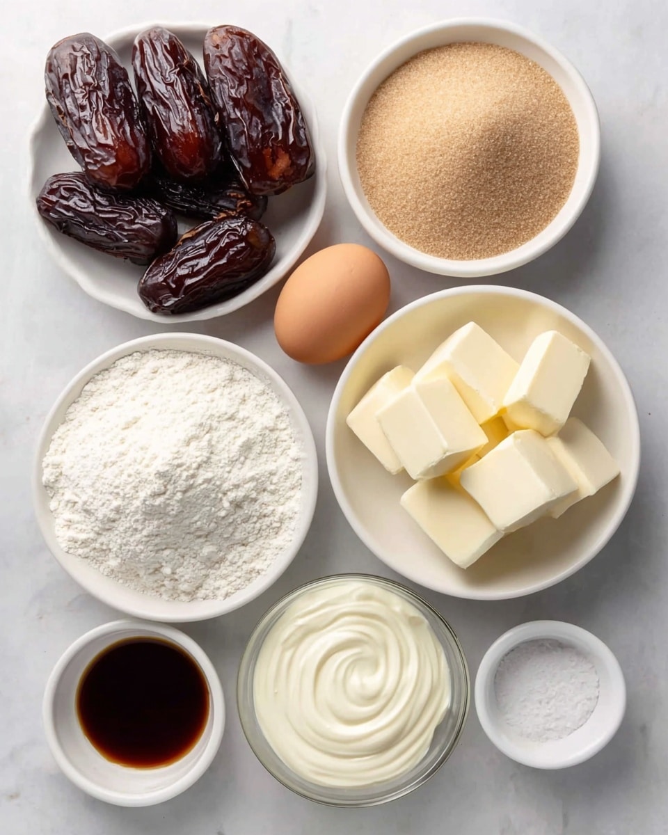 Toffee Date Cookies with Creamy Vanilla Bean Custard Buttercream Recipe 4 The image shows seven white small bowls and two whole eggs arranged on a white marbled surface. The top left bowl contains six large dark brown dates with a wrinkled texture. To the right, there is a bowl filled with fine light brown sugar. Below that, a bowl holds a dark liquid, likely vanilla or molasses. In the center, a large bowl is filled with white flour. Below the flour, there is a bowl with five square chunks of pale yellow butter. To the right of the butter, a bowl of smooth white cream or yogurt is visible. Next to the flour and slightly left, there are two whole light brown eggs placed directly on the surface. Near the dark liquid bowl, a very small bowl contains white salt. Photo taken with an iphone --ar 4:5 --v 7