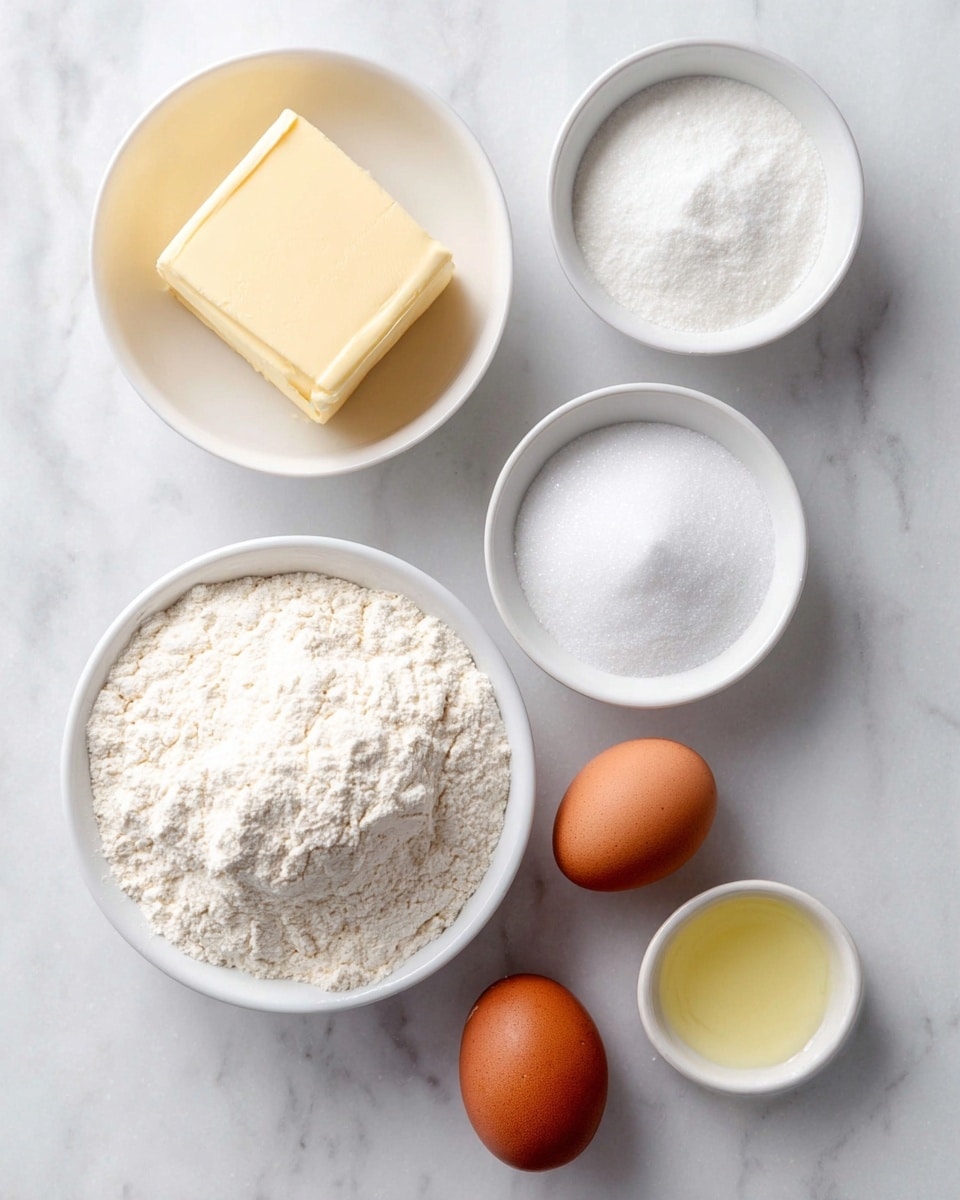 The image shows six white bowls and two brown eggs arranged on a white marbled surface. The largest bowl at the bottom right is filled with white flour that looks soft and fluffy with a slightly uneven top layer. To the left of it, there is a smaller bowl full of a pale yellow liquid, smooth and shiny. Above that, a medium bowl contains a solid block of pale yellow butter with a creamy texture and sharp edges. Two whole brown eggs with smooth shells rest next to the butter on the right. Near the bottom left corner is a small bowl with white granulated sugar, and to the right of it is another small bowl filled with coarse white salt. The colors are neutral and soft, and the setting is clean and simple, with light coming from the left side. photo taken with an iphone --ar 4:5 --v 7
