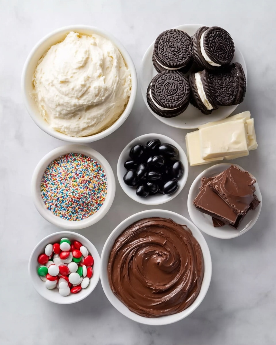 The image shows seven small white bowls arranged on a white marbled surface. The top left bowl is filled with smooth, creamy white frosting. To its right, four Oreo cookies with dark brown textured tops and white cream centers are stacked in a loose pile. Below the frosting bowl, another small bowl holds tiny round sprinkles in red, blue, green, yellow, and white colors. In the center, a bowl contains shiny black oval candies. To the right, a bowl is filled with red, white, and green M&M candies. At the bottom left, a bowl holds smooth, thick chocolate frosting with a slight swirl texture. Next to it, at the bottom right, a bowl contains several rectangular pieces of milk chocolate stacked unevenly. Photo taken with an iphone --ar 4:5 --v 7