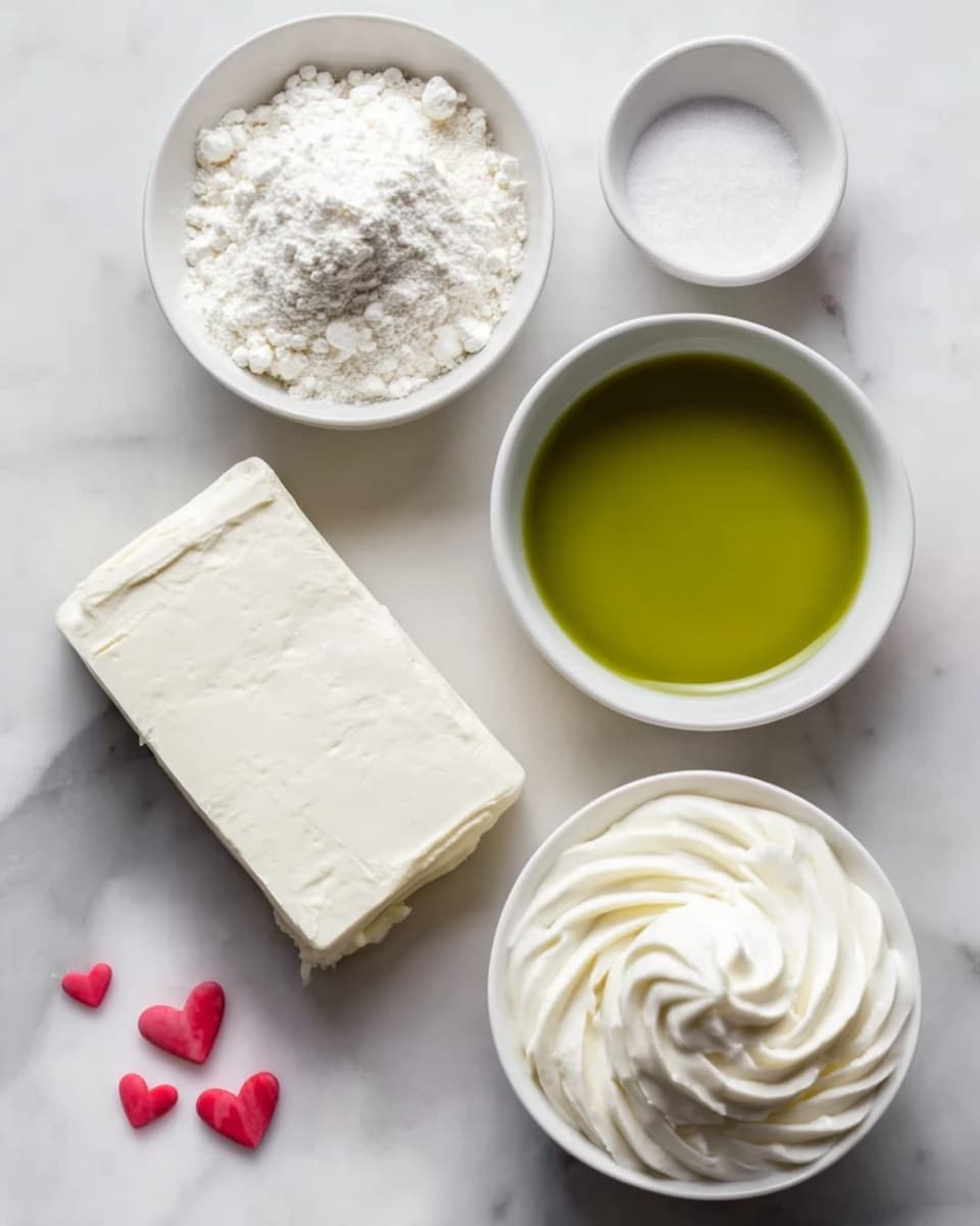 The image shows a white bowl filled with light green, smooth creamy dip swirled on top, decorated with small bright red heart-shaped sprinkles scattered evenly across the surface. Around the bowl, there are several light brown round crackers at the back, a pile of long, thin, light brown breadsticks on the left side, and a cluster of shiny brown pretzels with white dipped tips on the right side. All items rest on a white marbled surface. Photo taken with an iphone --ar 4:5 --v 7