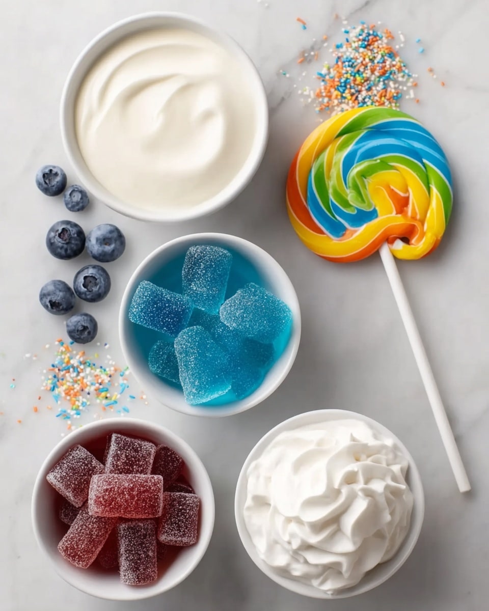The image shows five small white bowls on a white marbled surface. The top left bowl contains smooth, creamy white yogurt with a small swirl on top. Below it on the left, another bowl holds red, sugar-coated gummy cubes. In the middle right, a bowl is filled with blue, sugar-coated gummy cubes. The bottom right bowl has a thick swirl of white whipped cream. Near the bowls are colorful rainbow sprinkles scattered on the white marble, fresh blueberries under the yogurt bowl, and a large, colorful lollipop with swirls of green, yellow, orange, blue, red, and white resting on the surface to the right. photo taken with an iphone --ar 4:5 --v 7